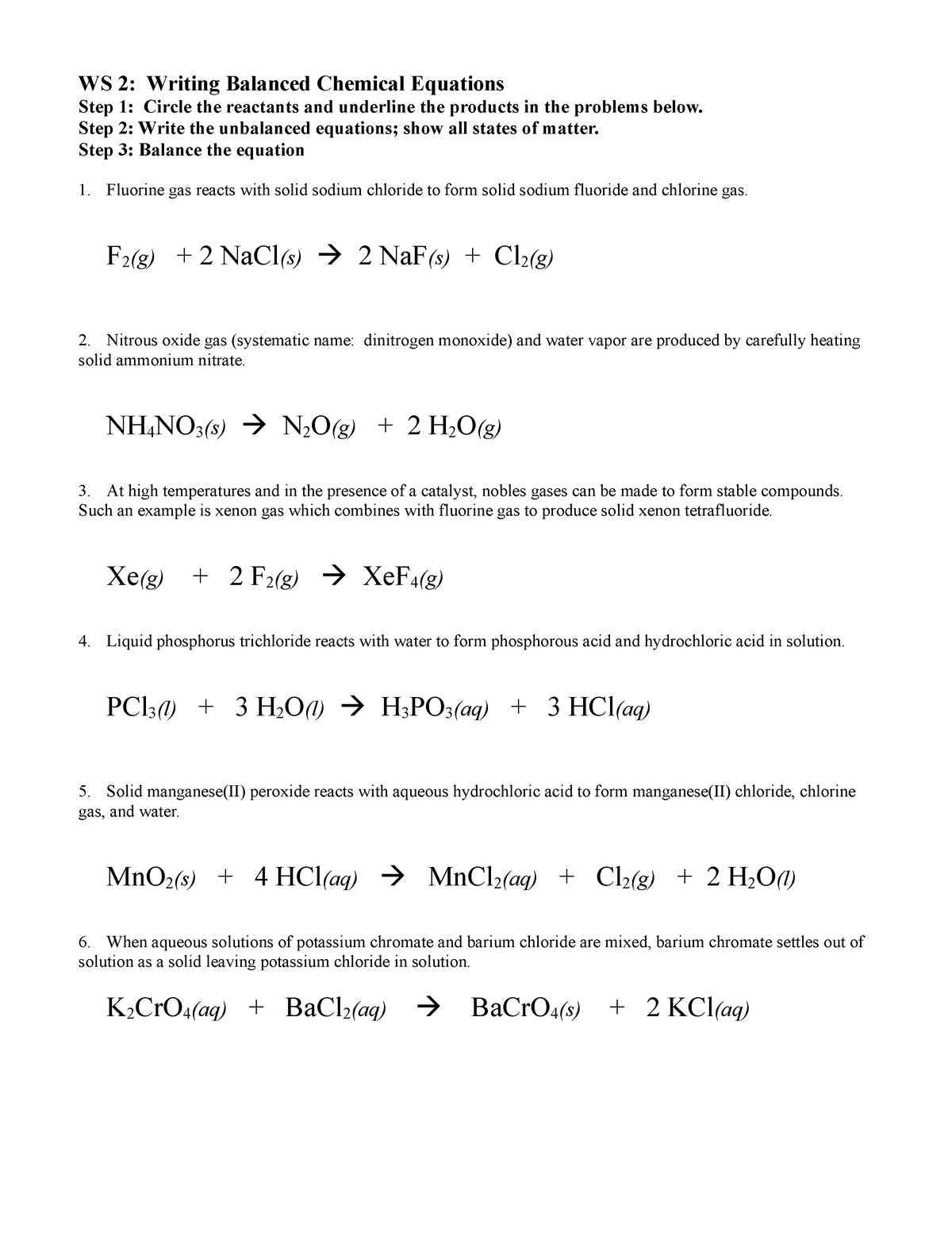 Ws 2 Hchem Writing Balanced Chemical Equations For Sy 17 18 Answers Ws 2 Writing Balanced 8283