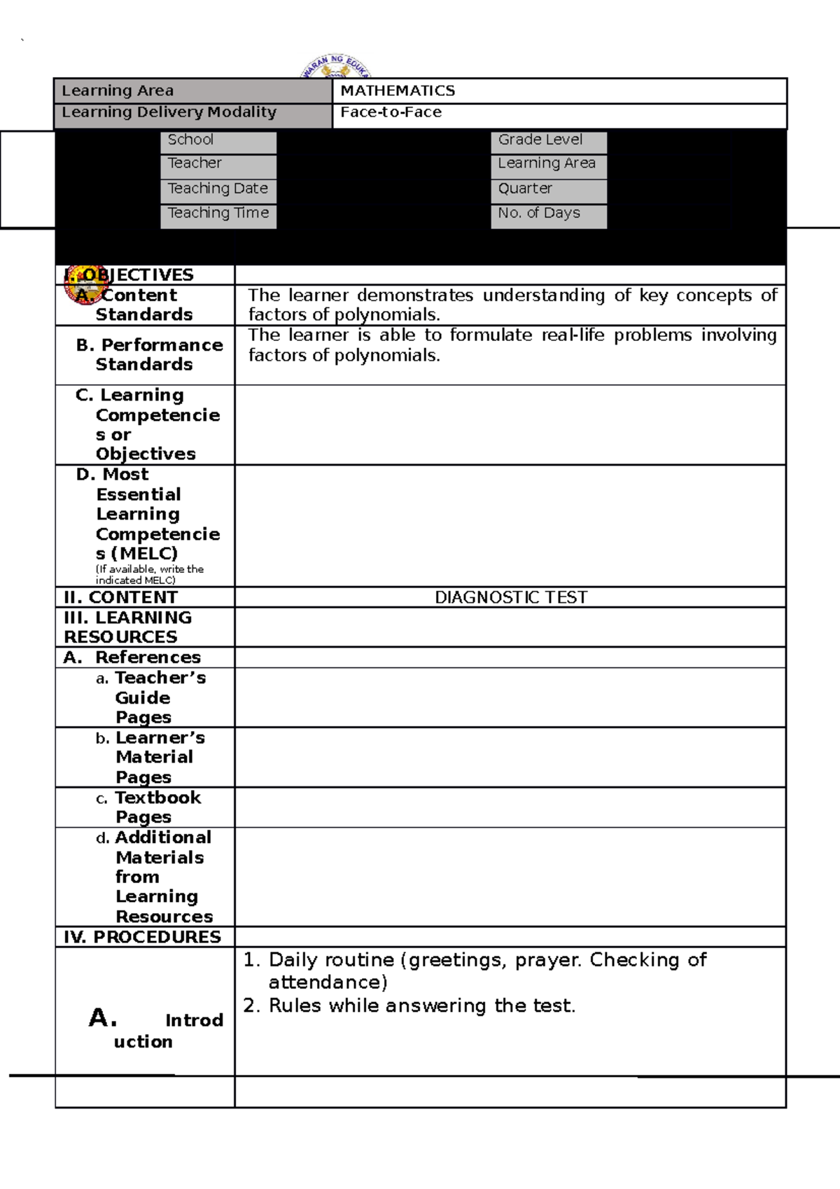 MATH 8 DIVISION - ` Learning Area MATHEMATICS Learning Delivery ...