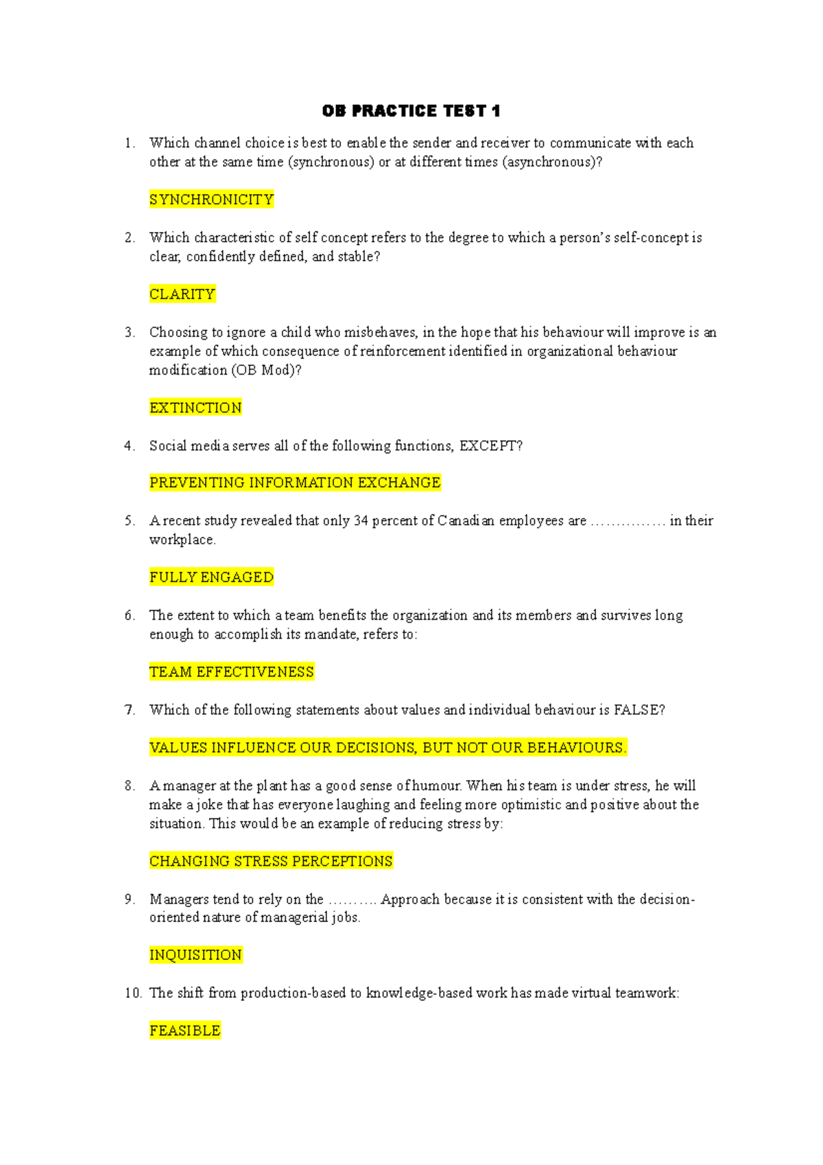 OB Practice TEST 1 OB PRACTICE TEST 1 Which channel choice is best to