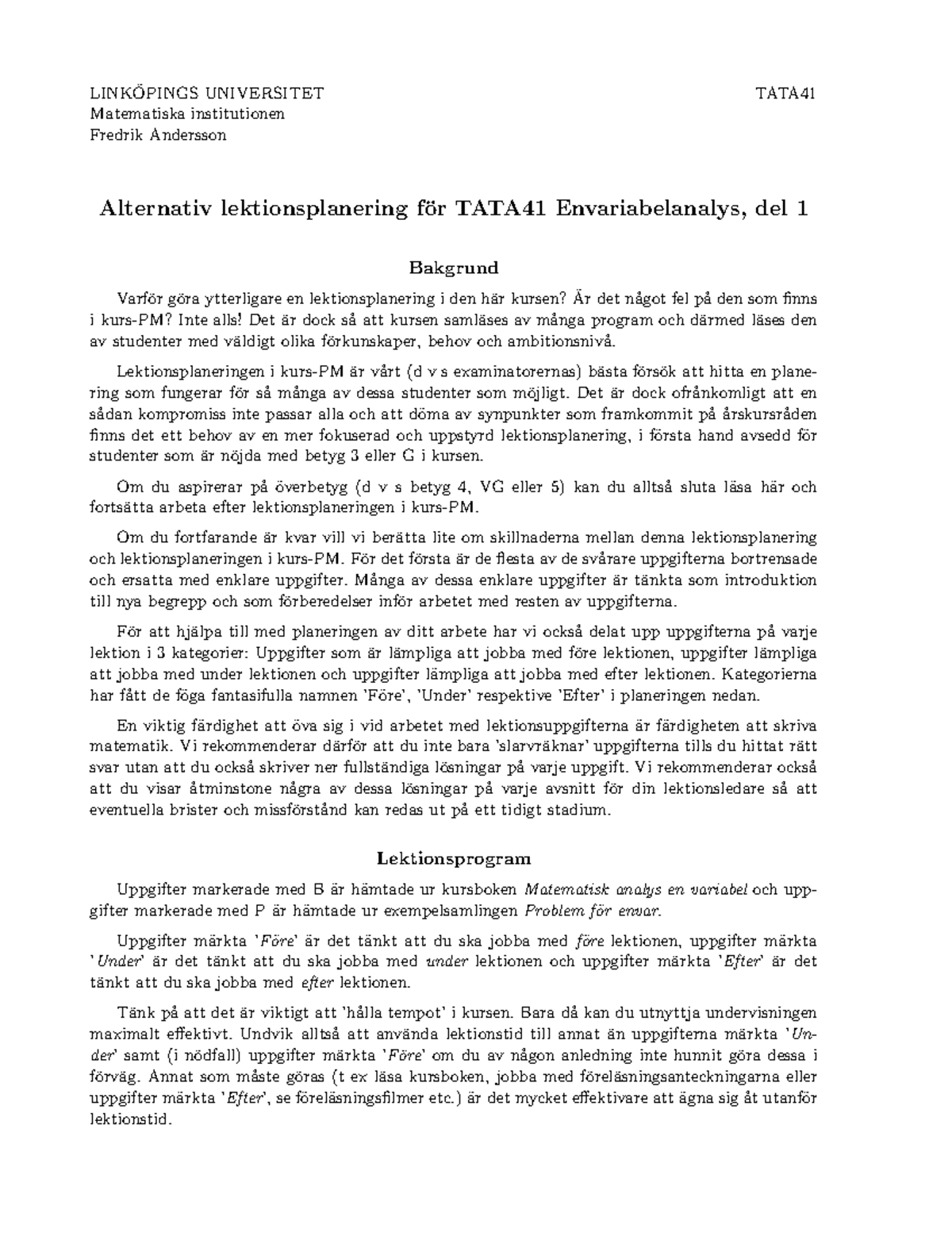 Altlektionsplan 2324 - LINK ̈OPINGS UNIVERSITET TATA Matematiska ...