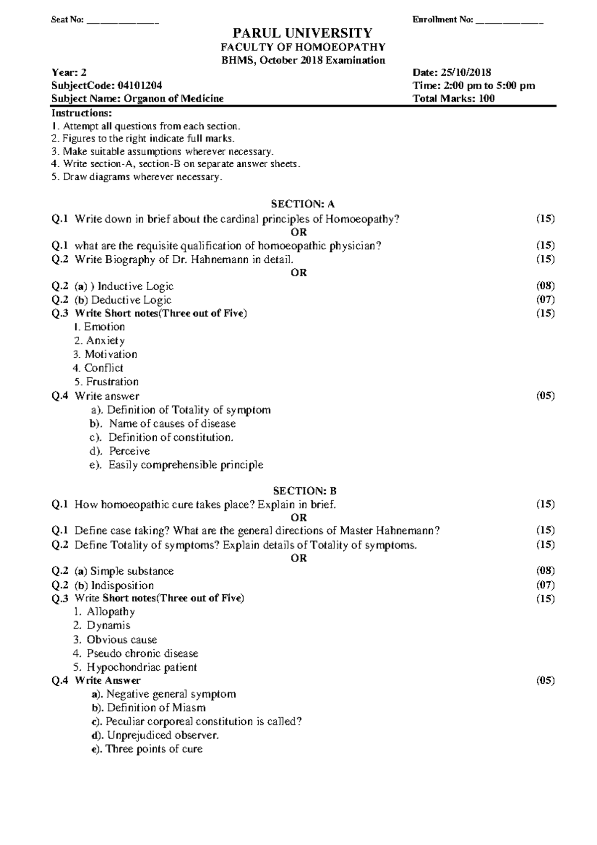 2ND BHMS Final EXAM Paper OCT 2018 FMT Organon of Medicine Seat No
