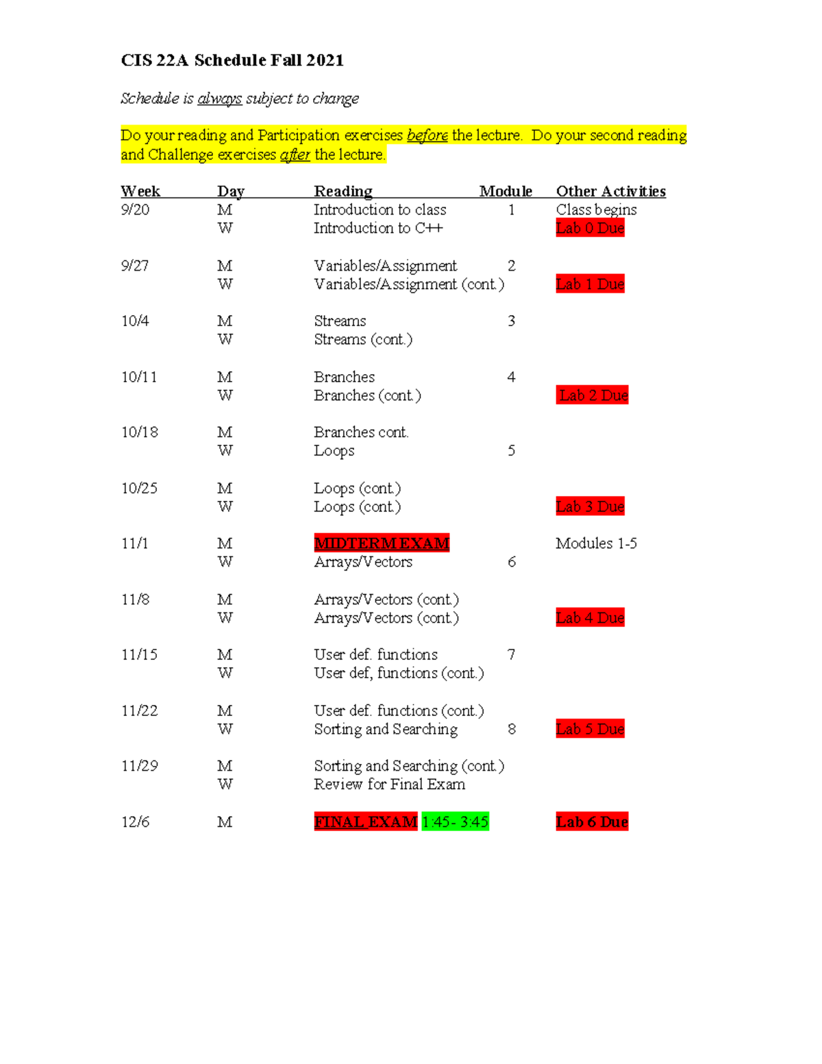 22A Schedule - C++ - CIS 22A Schedule Fall 2021 Schedule Is Always ...