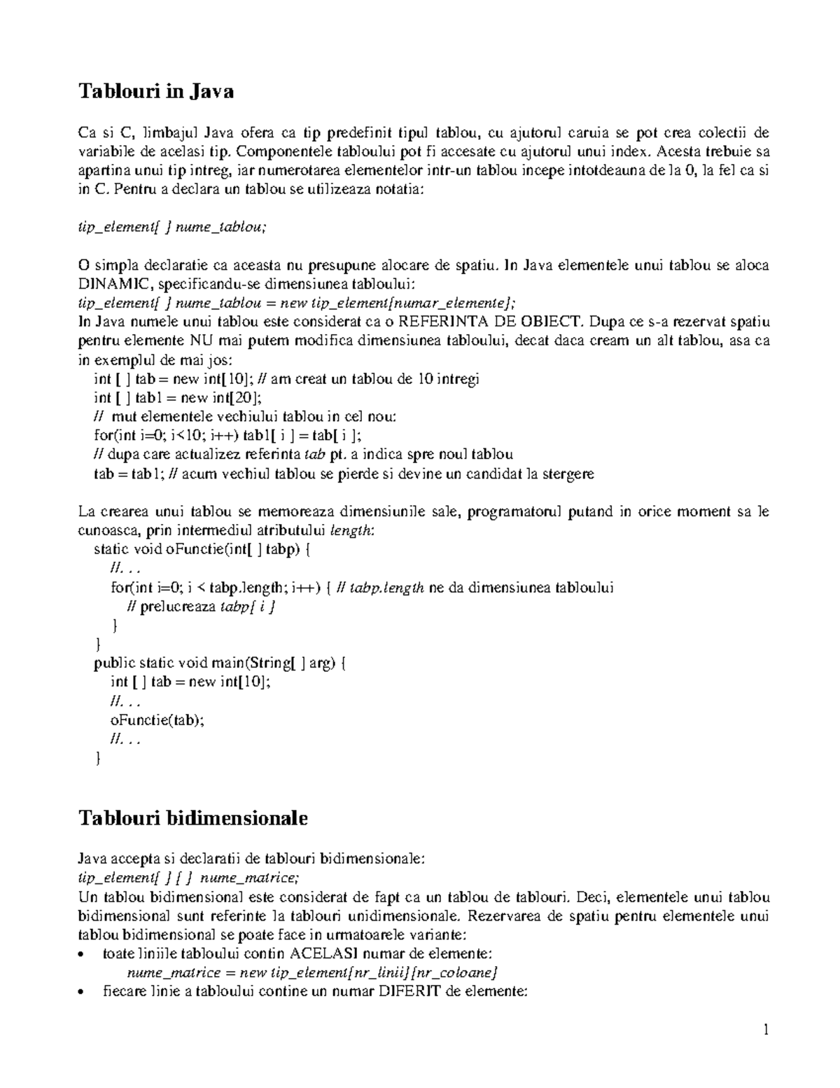 Tablouri String 01-02 - Lecture notes 1-2 - Tablouri in Java Ca si C ...