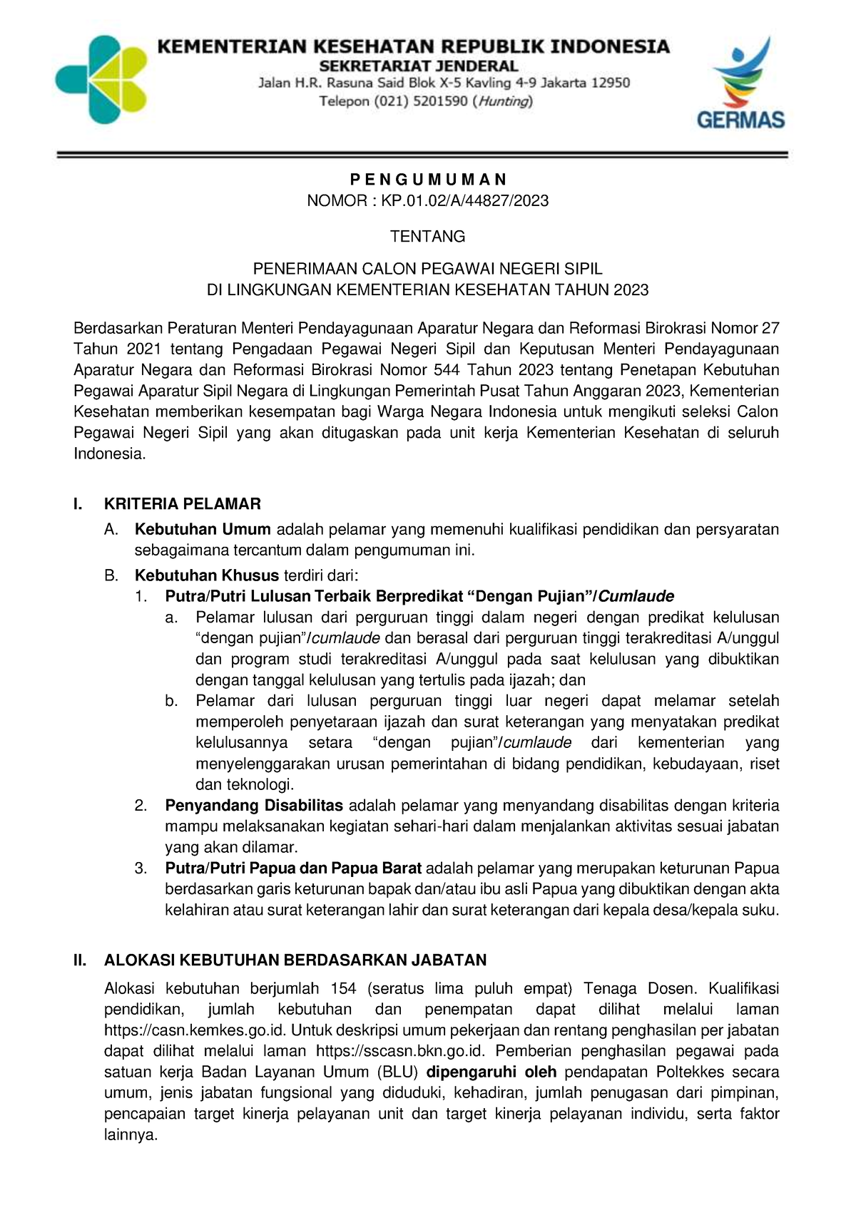 Pengumuman Penerimaan CPNS 2023 NEW - P E N G U M U M A N NOMOR : KP.01 ...