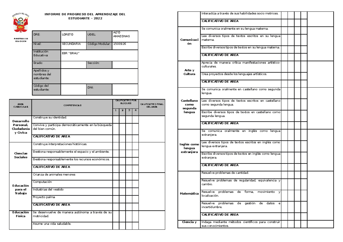 Formato DE Boleta DE Notas - 2022 - MINISTERIO DE EDUCACIÓN INFORME DE ...