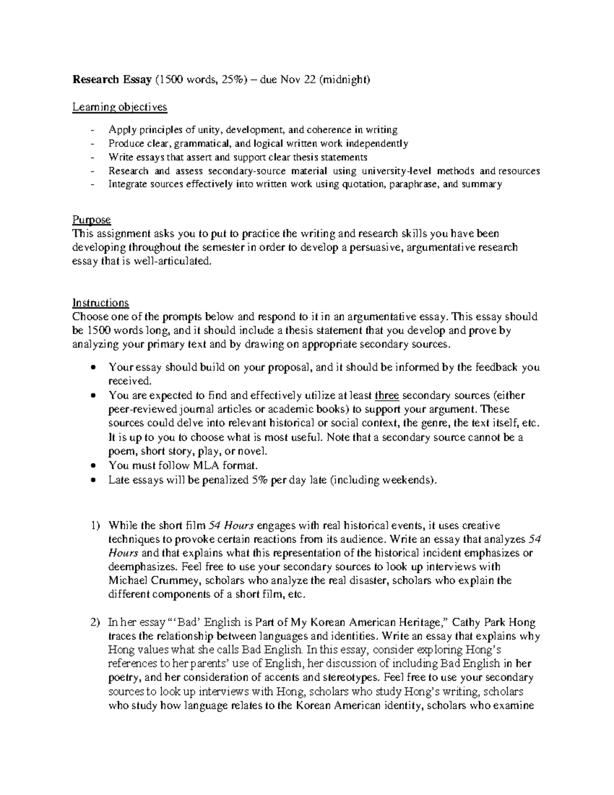 7. Research Essay (Instructions) - Research Essay (1500 words, 25% ...