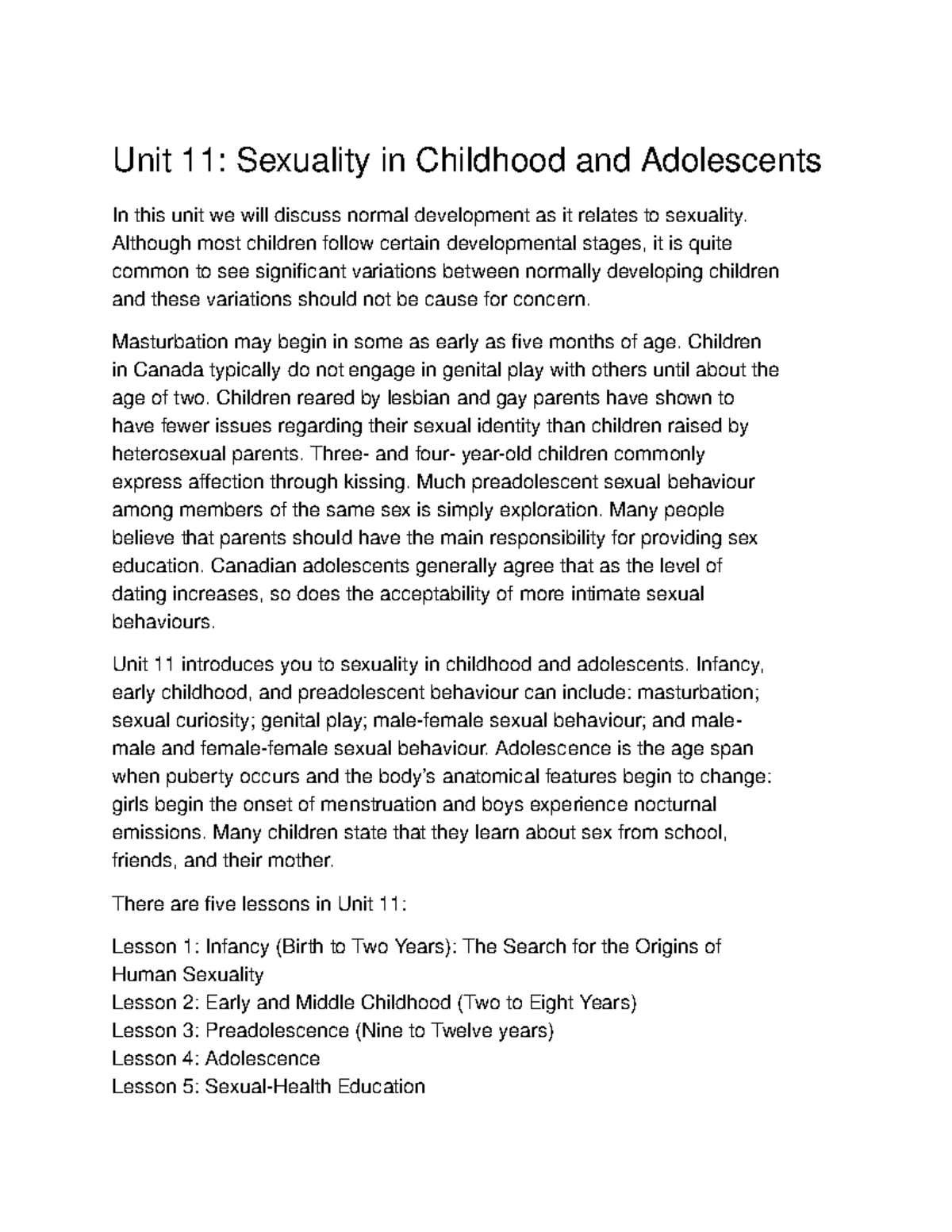 Unit 11 Study Guide - Unit 11: Sexuality In Childhood And Adolescents ...