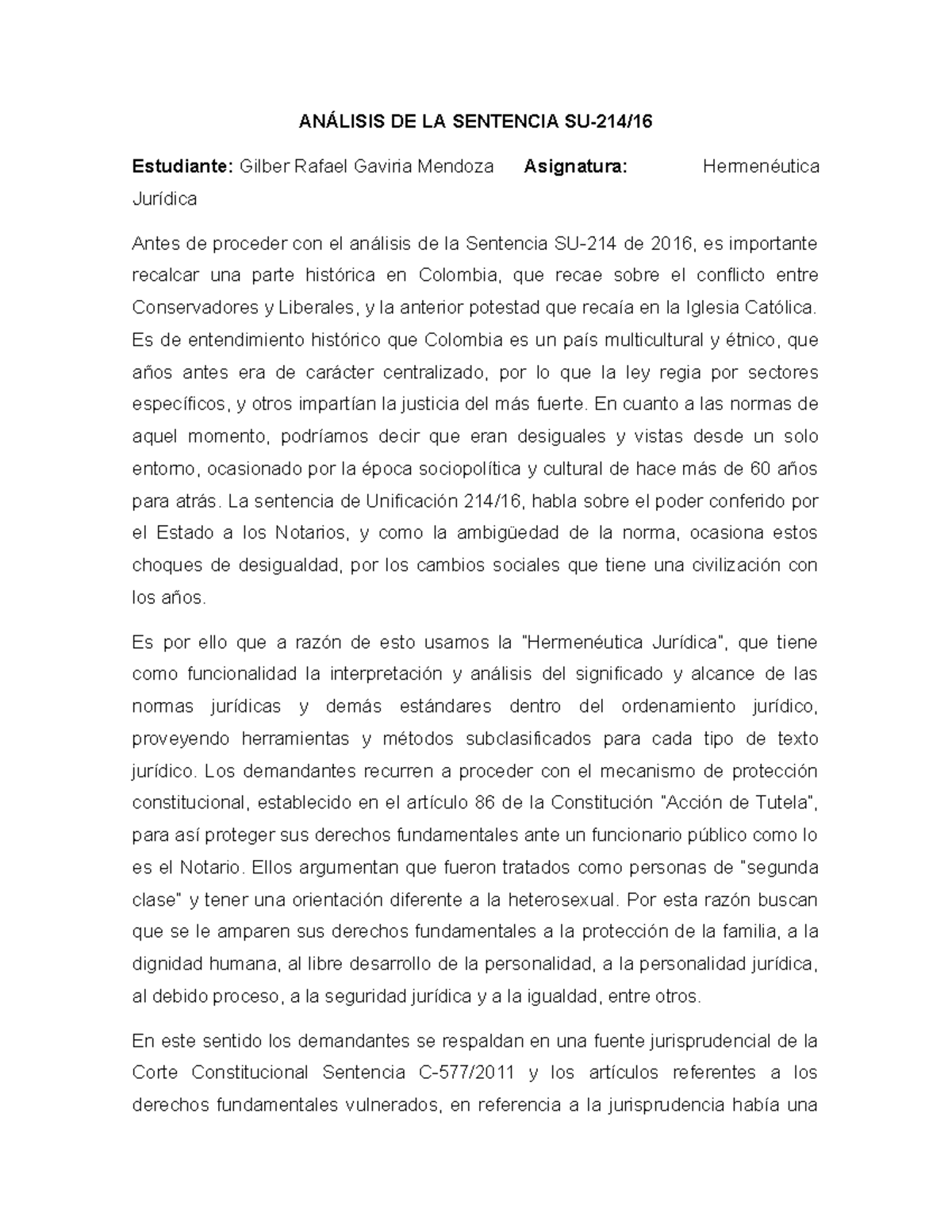 Análisis DE LA. Sentencia SU-214 DE 2016 docx - ANÁLISIS DE LA