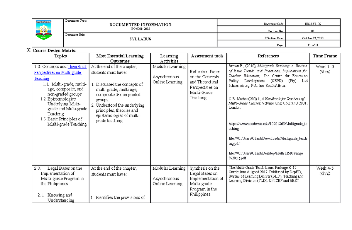 ( Syllabus) SPEC 101+ Teaching Multigrade - X. Course Design Matrix ...
