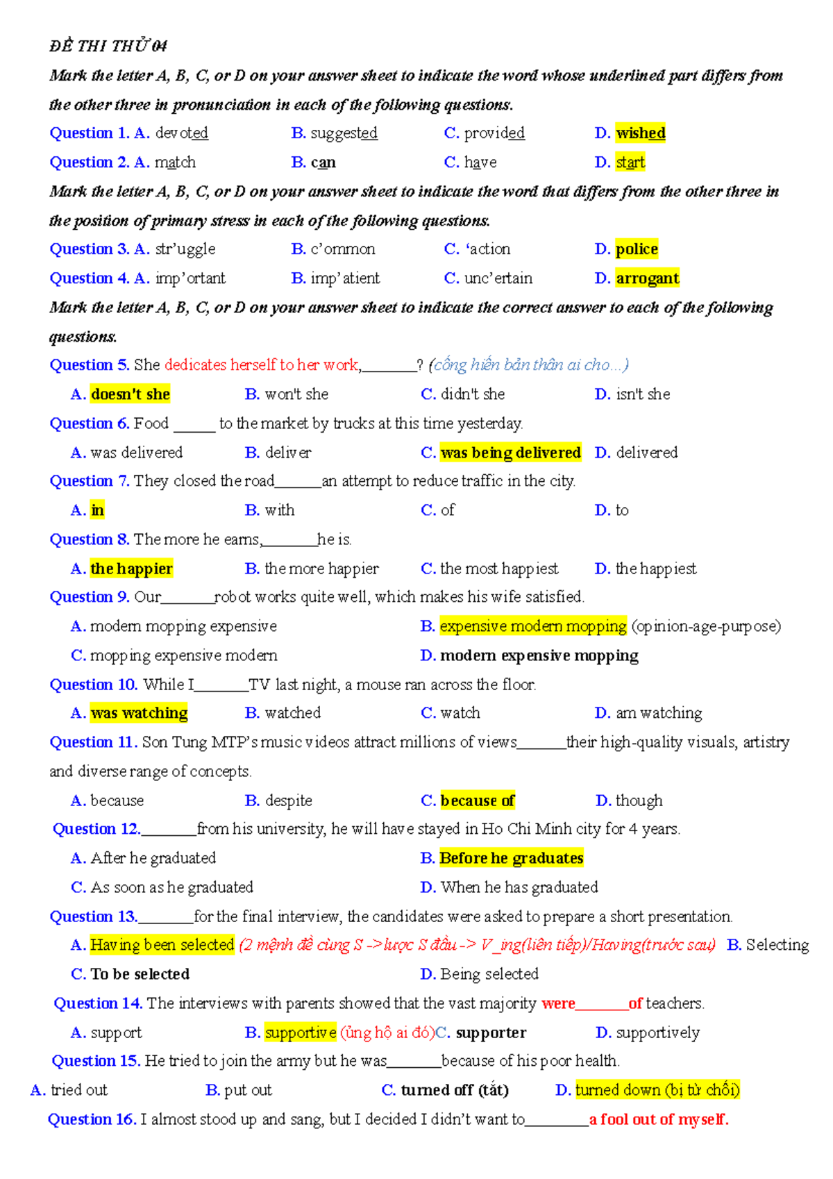 ĐỀ THI THỬ 04 - ĐỀ THI THỬ 04 - ĐỀ THI THỬ 04 Mark the letter A, B, C ...