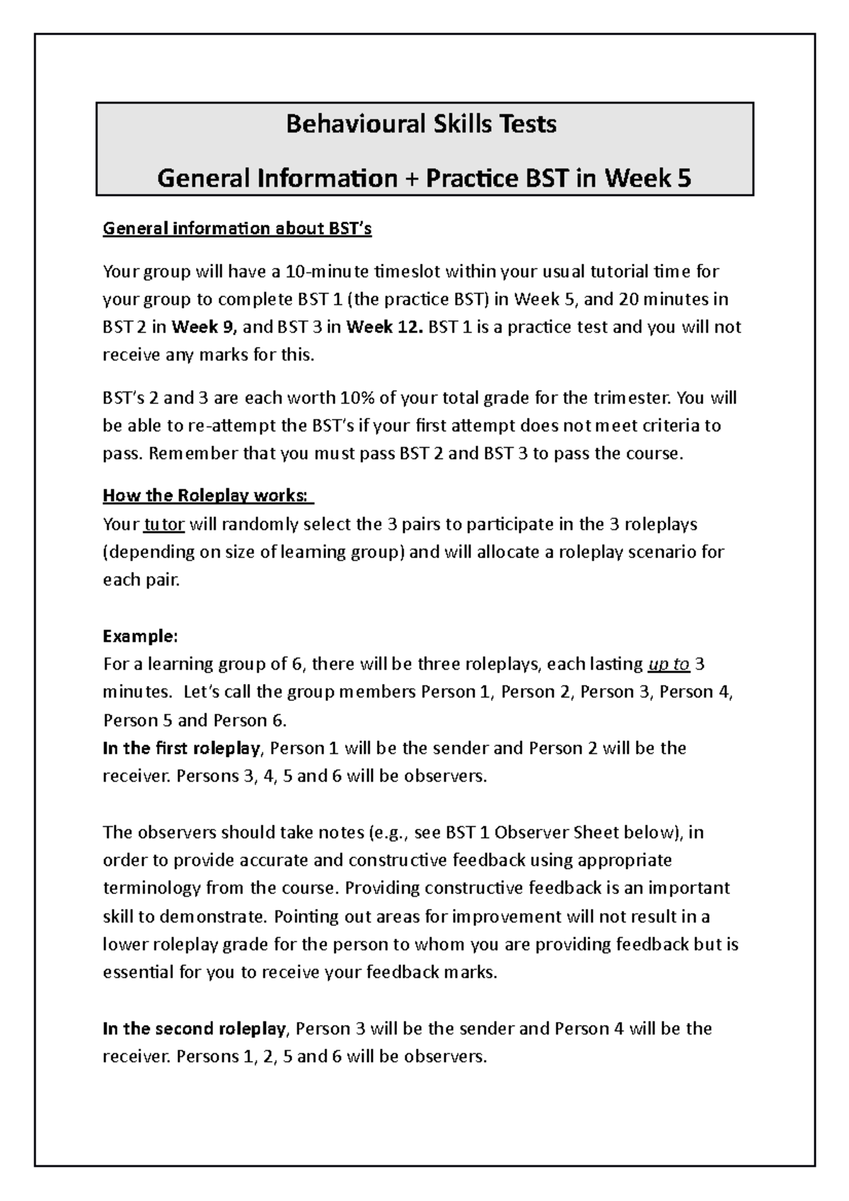 BST 1 (Practice) + General Information 2019 MG - Behavioural Skills ...