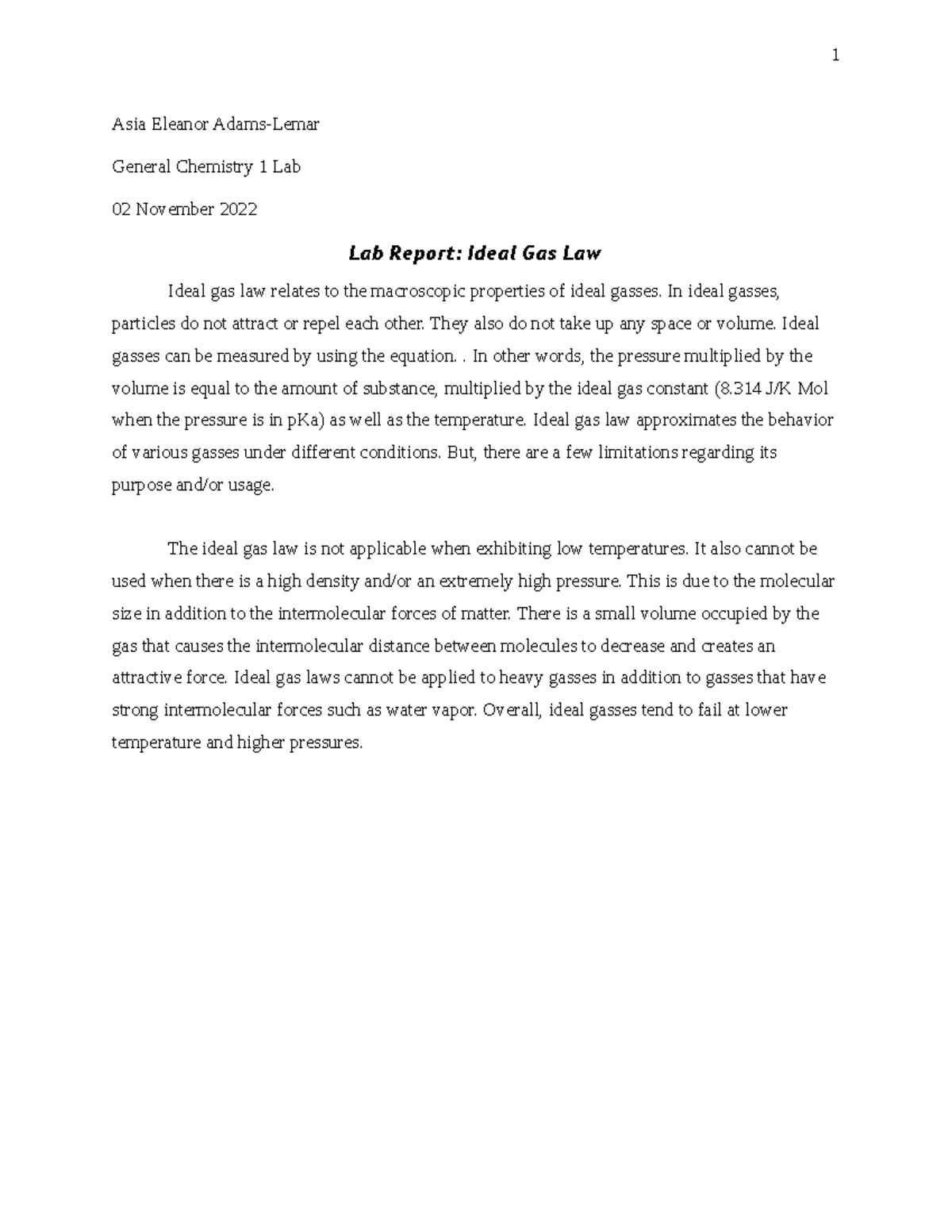 Lab Report 6 Ideal Gas Law 1 Asia Eleanor AdamsLemar General