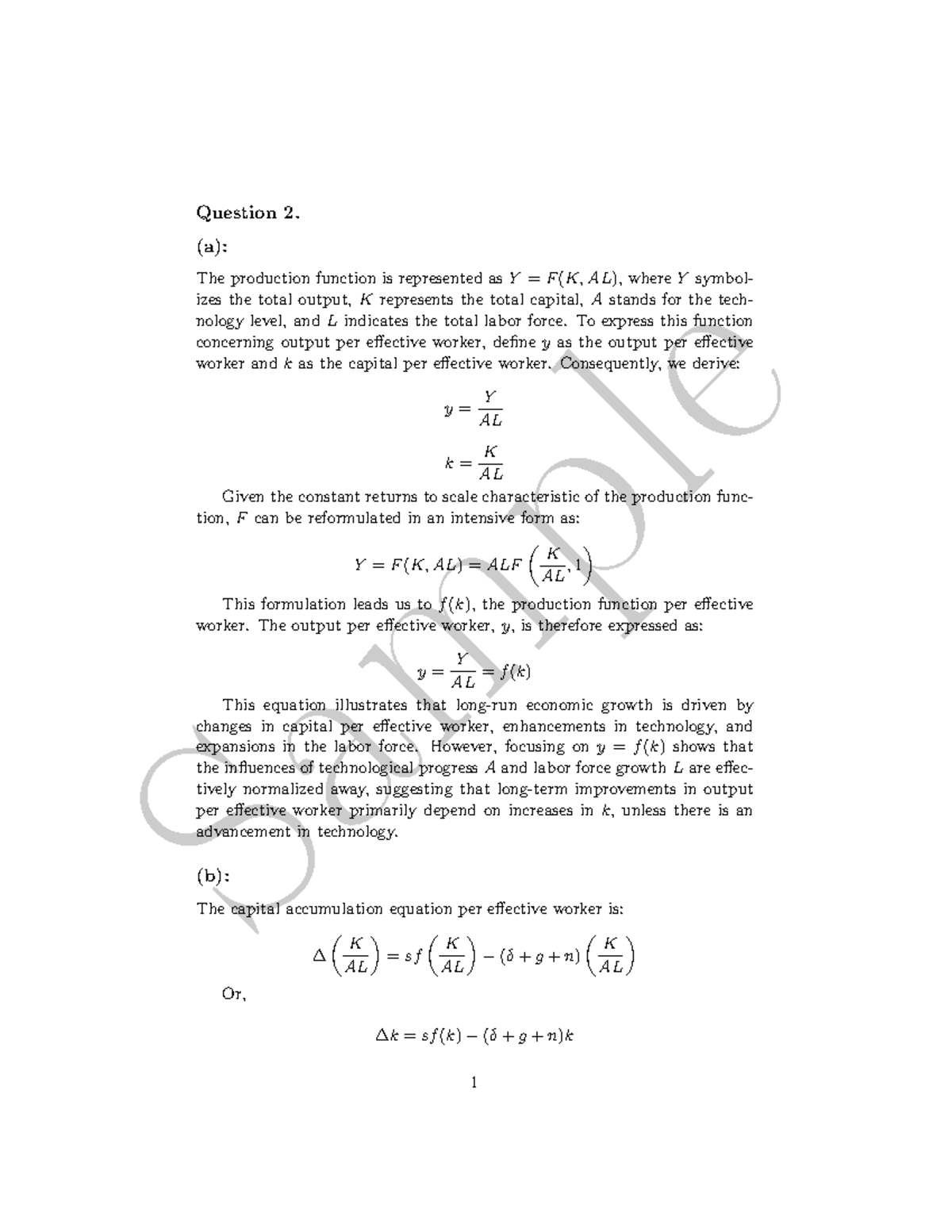 Sample solution - Sample Question 2. (a): The production function is ...