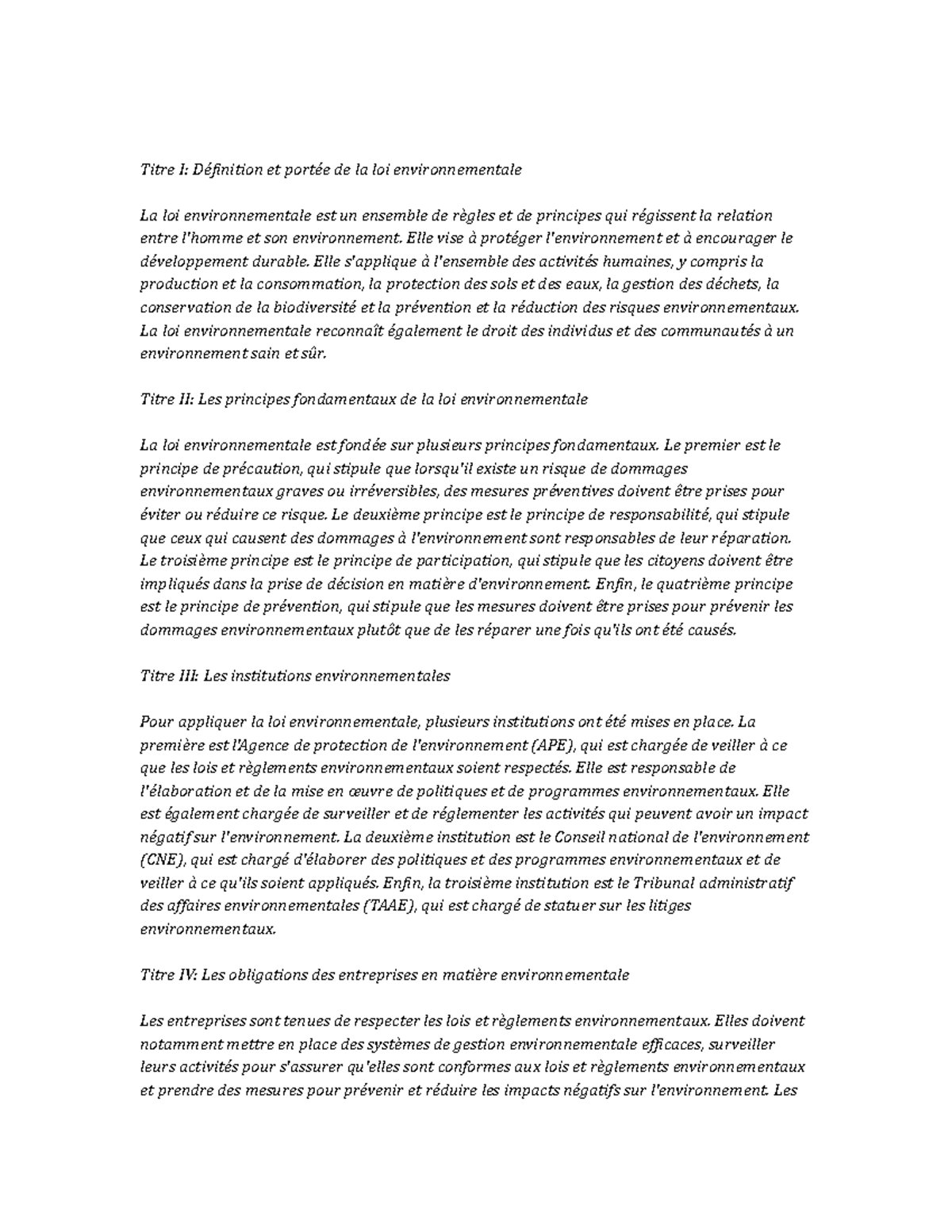 Environmental Law Study Notes - Titre I: Définition et portée de la loi ...
