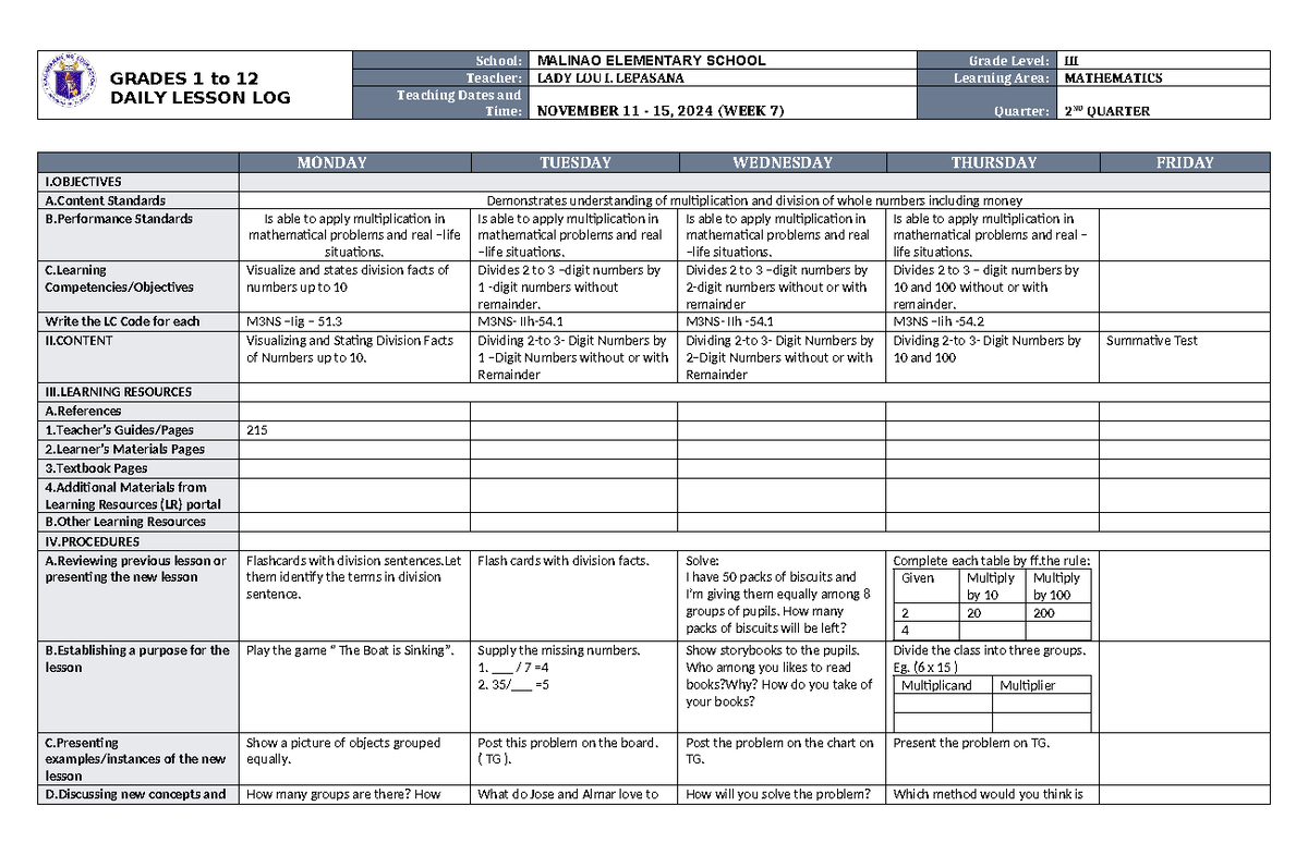 DLL Mathematics 3 Q2 W7 - description - GRADES 1 to 12 DAILY LESSON LOG ...