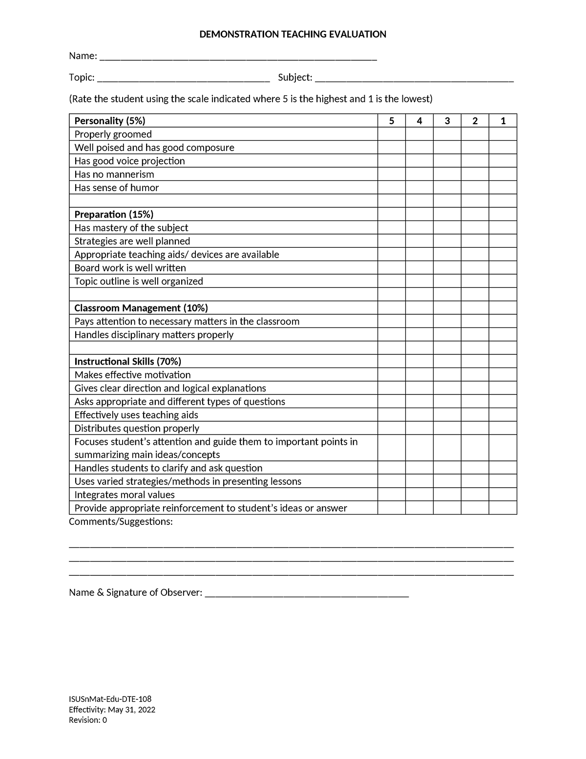 New Rubrics for Final Demo 1 - DEMONSTRATION TEACHING EVALUATION Name ...