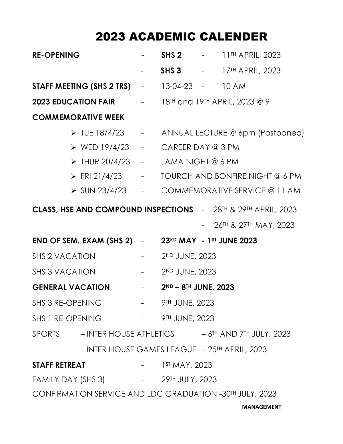 2023 Presec Academic Calender NEW - 2023 ACADEMIC CALENDER RE-OPENING ...