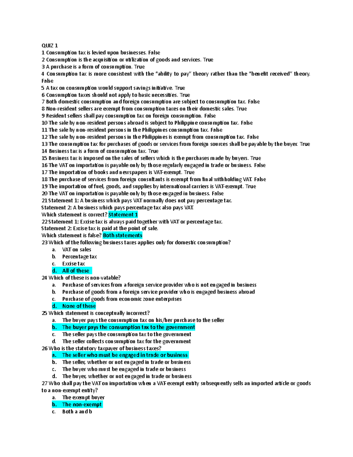 Business and Transfer Taxation (Test Bank) - QUIZ 1 1 Consumption tax ...