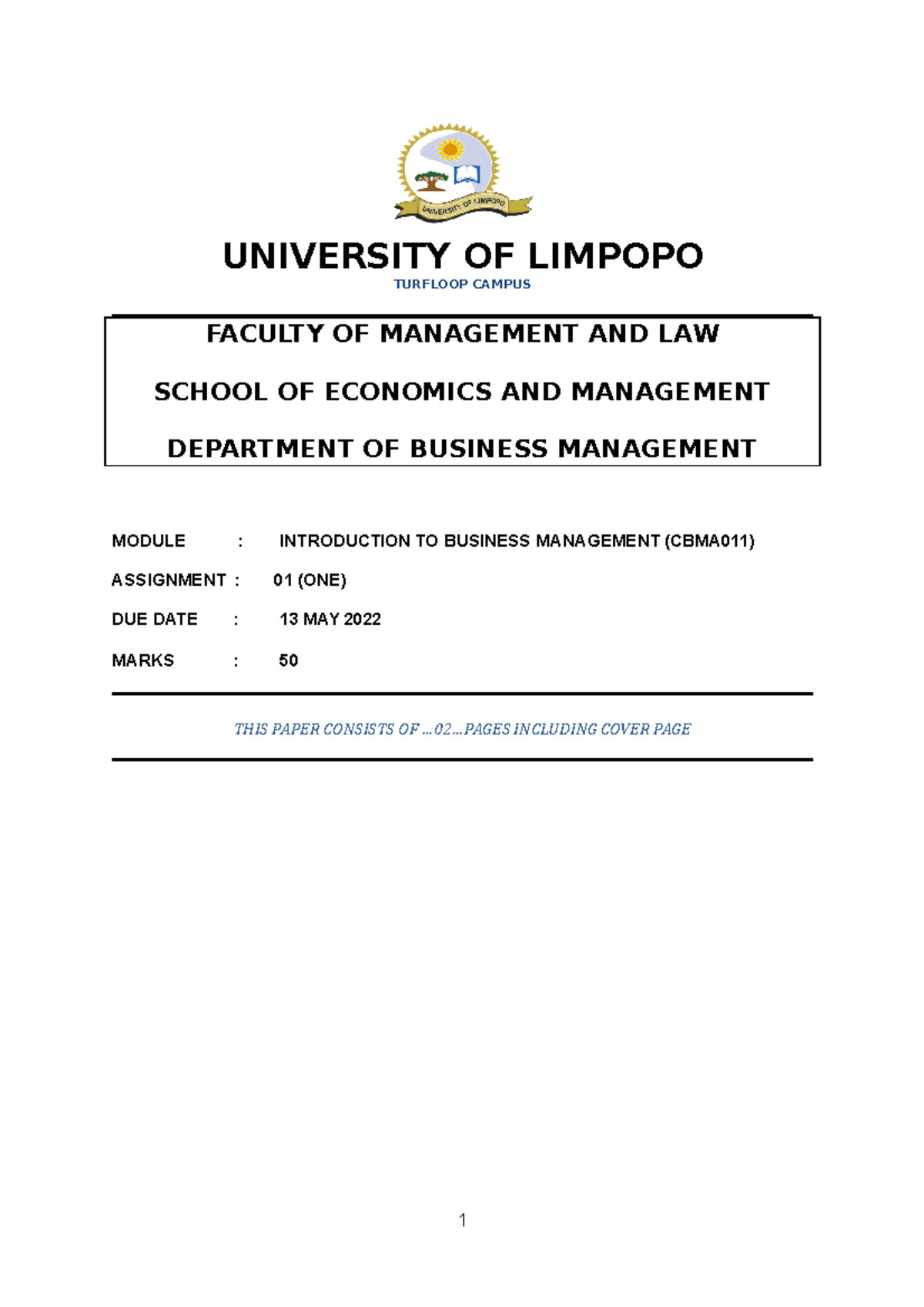 CBMA011 Assignment 2022 (1) - UNIVERSITY OF LIMPOPO TURFLOOP CAMPUS ...