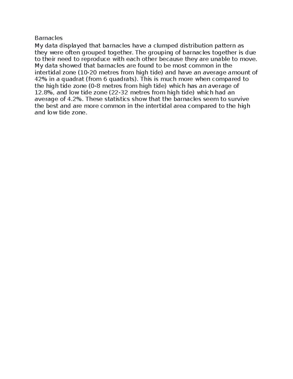 536 - notes for bio class - Barnacles My data displayed that barnacles ...