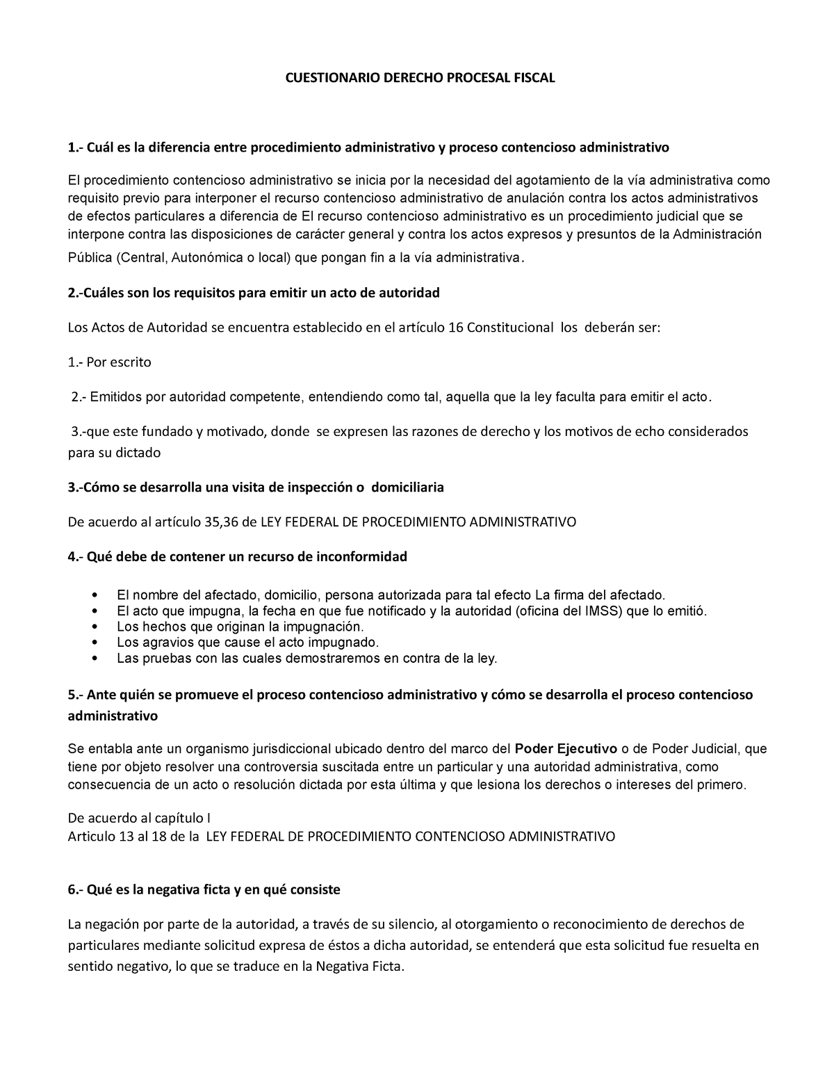 Cuestionario Derecho Procesal Fiscal - CUESTIONARIO DERECHO PROCESAL ...