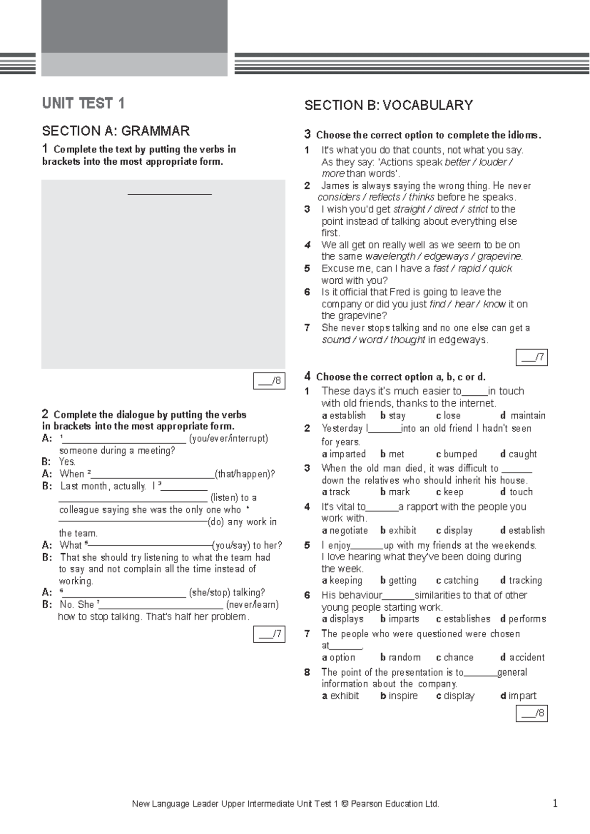LL B2 Unit Test 01 - podaj - New Language Leader Upper Intermediate ...