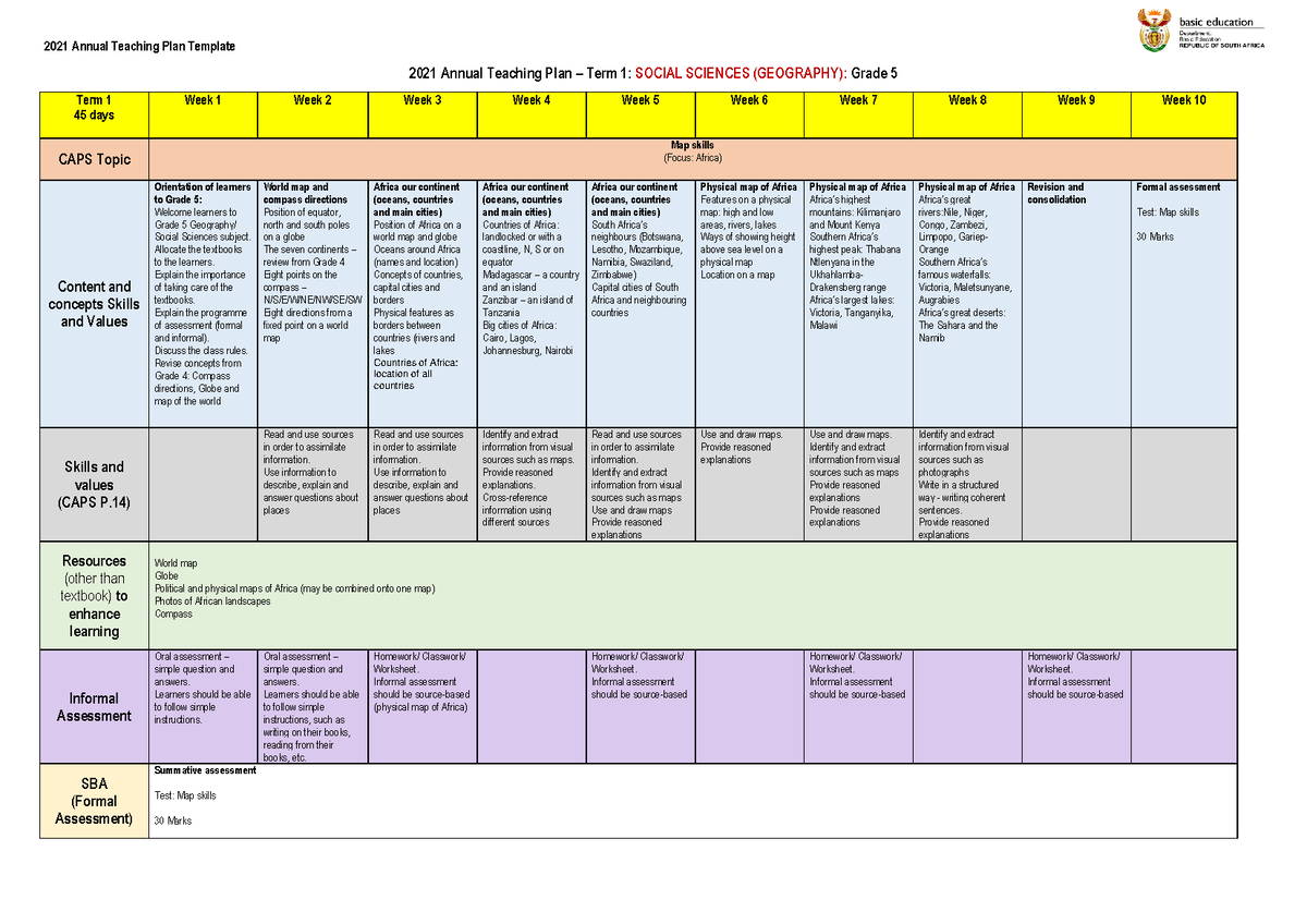 2021 Social Sciences ATP Grade 5 - 2021 Annual Teaching Plan – Term 1 ...