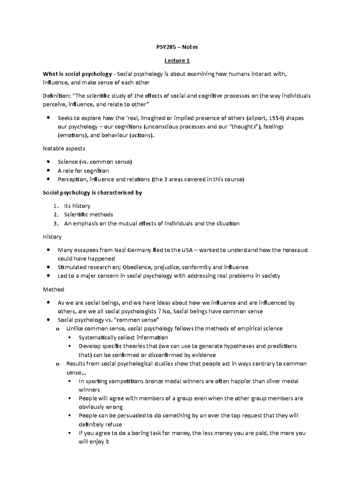 Social Psychology Lecture Notes - Week 1-12 - PSY285 – Notes Lecture 1 ...