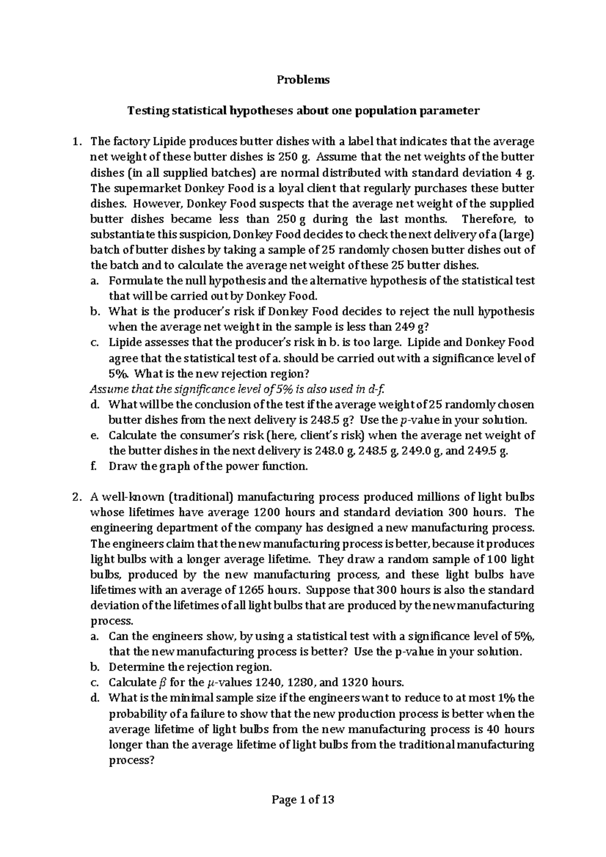 Problems set 3 (1920) - Practice - Problems Testing statistical ...