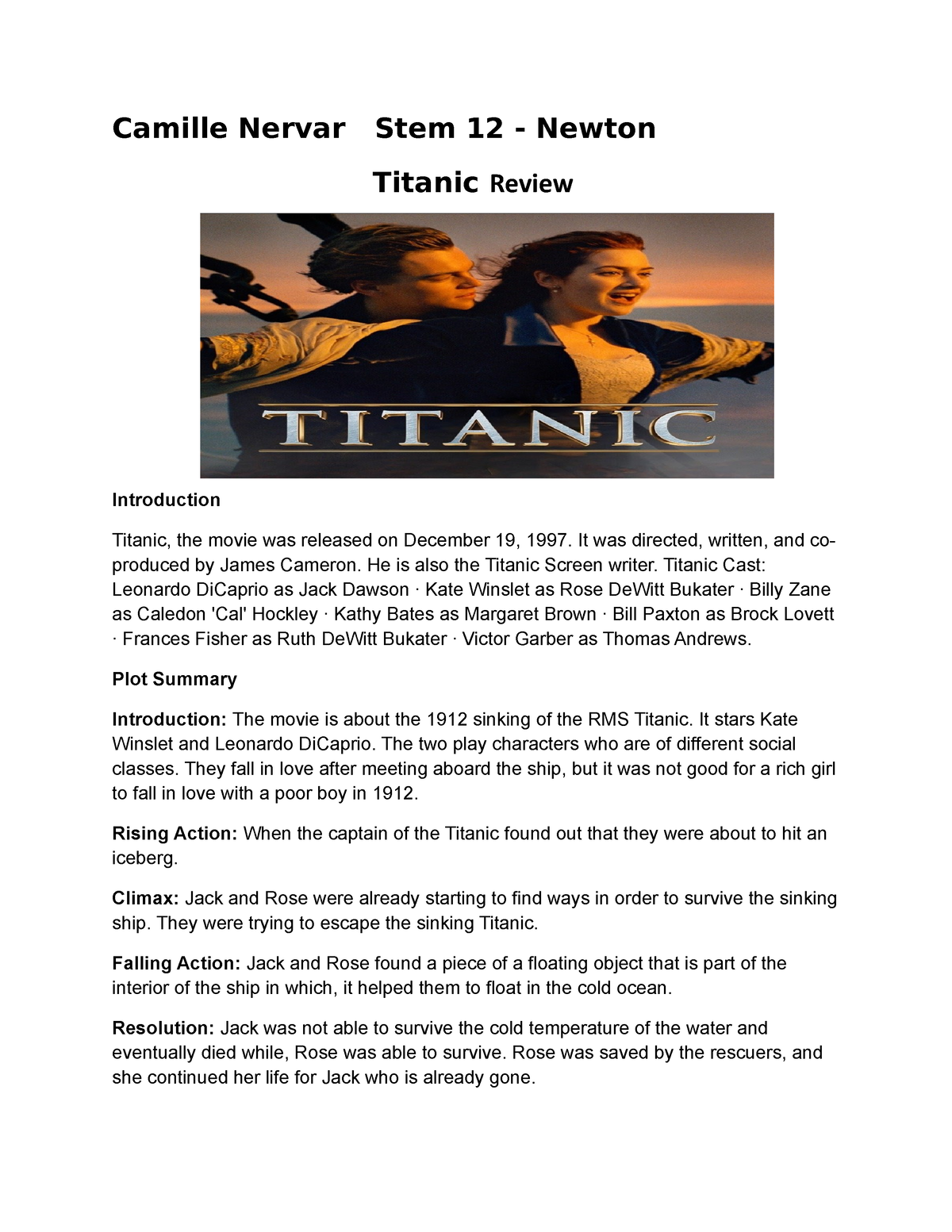 Asdfghjkltitanicreview - Camille Nervar Stem 12 - Newton Titanic Review  Introduction Titanic, the - Studocu