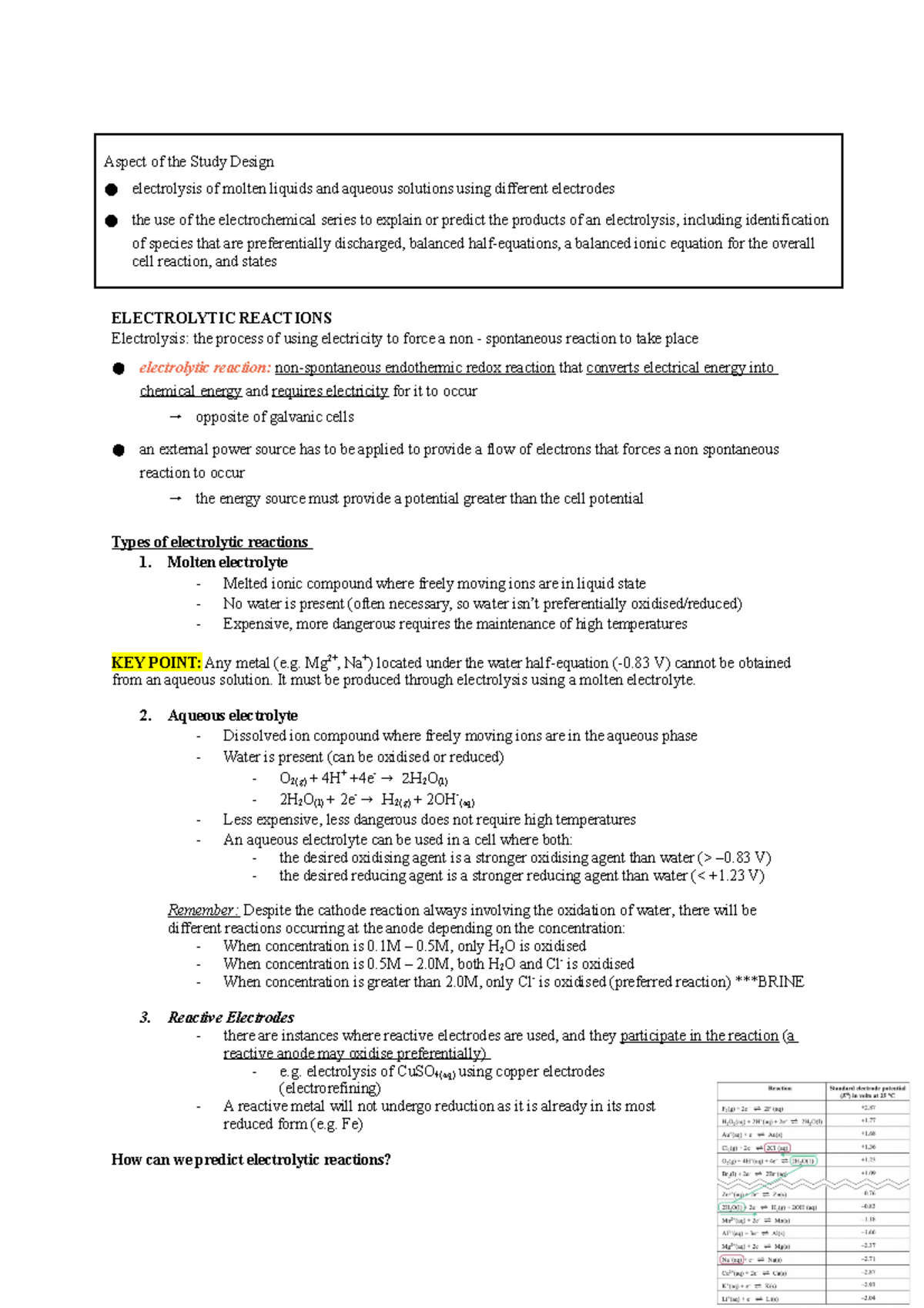 Electrolysis Fundamental principles of electrolytic cells + key
