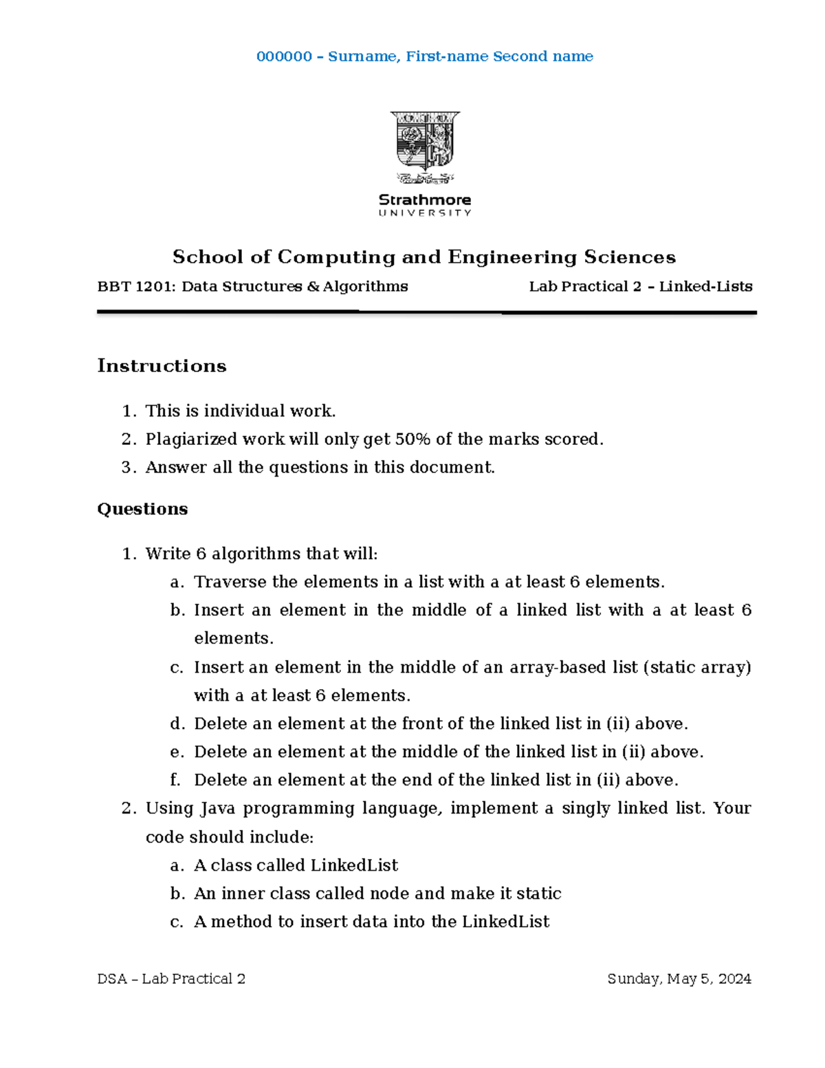 DSA - Lab Practical 2 - Lists - 000000 – Surname, First-name Second ...