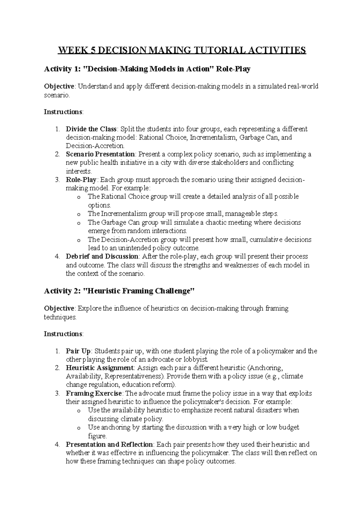 POLS 2002 Week 5 Tutorial Activities - WEEK 5 DECISION MAKING TUTORIAL ...