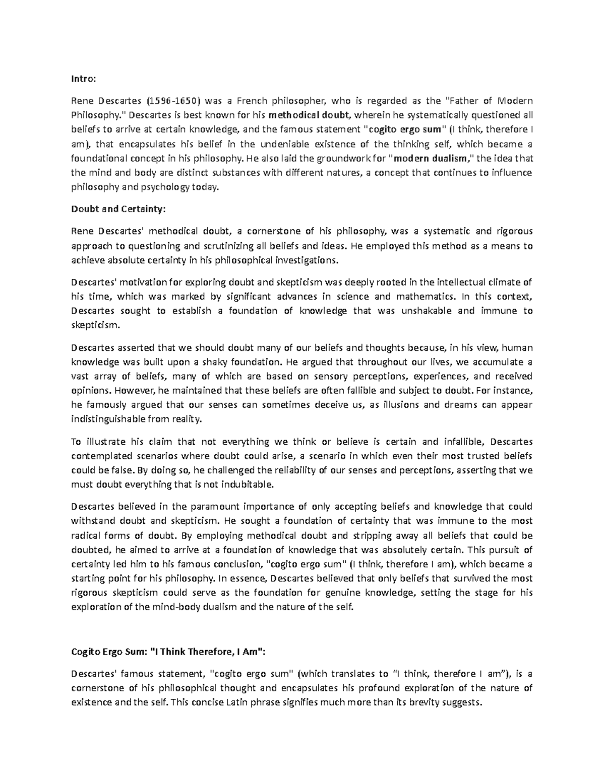 Rene Descartes Script - Intro: Rene Descartes (1596-1650) was a French ...
