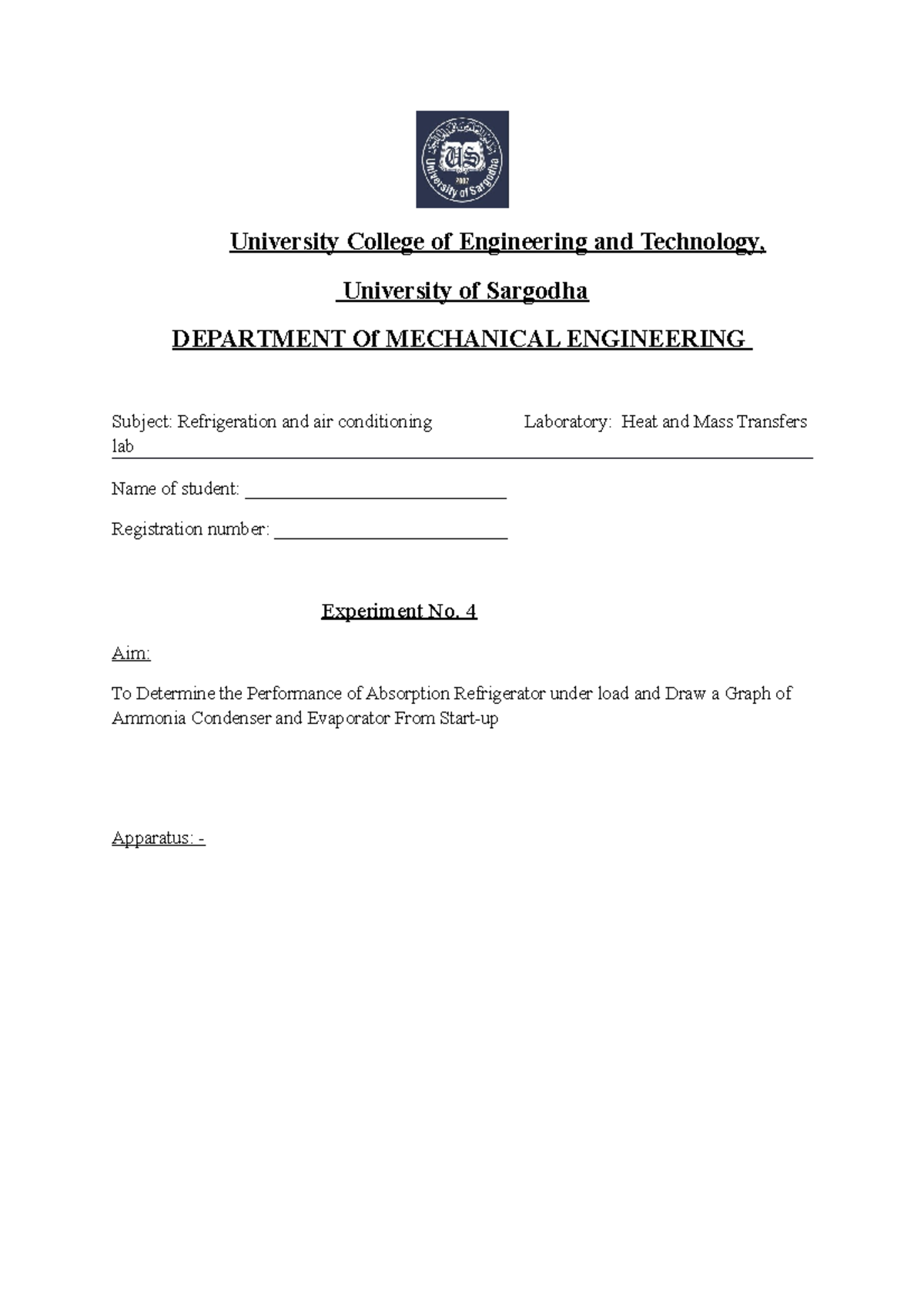 Refrigeration and Air Conditioning Lab Manual University College of