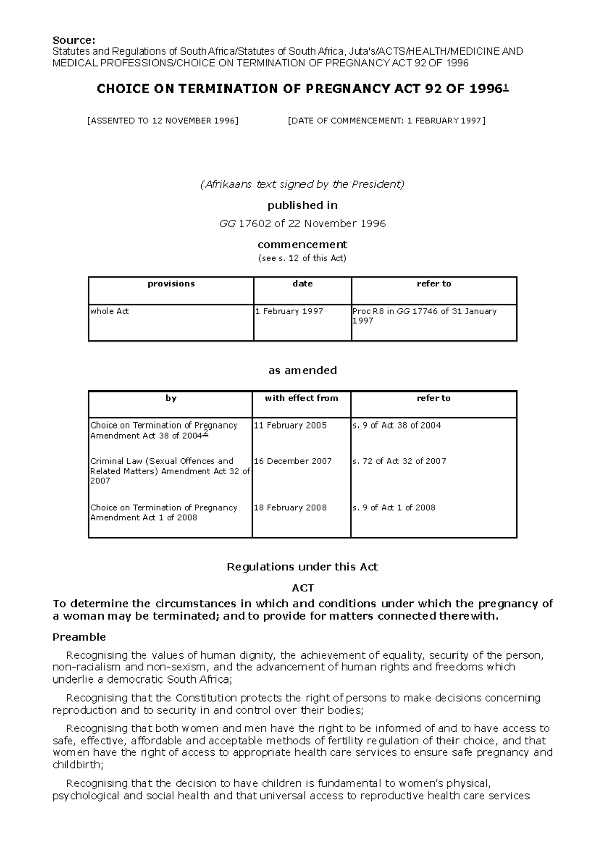 Choice ON Termination OF Pregnancy ACT 92 OF 1996 - Source: Statutes ...