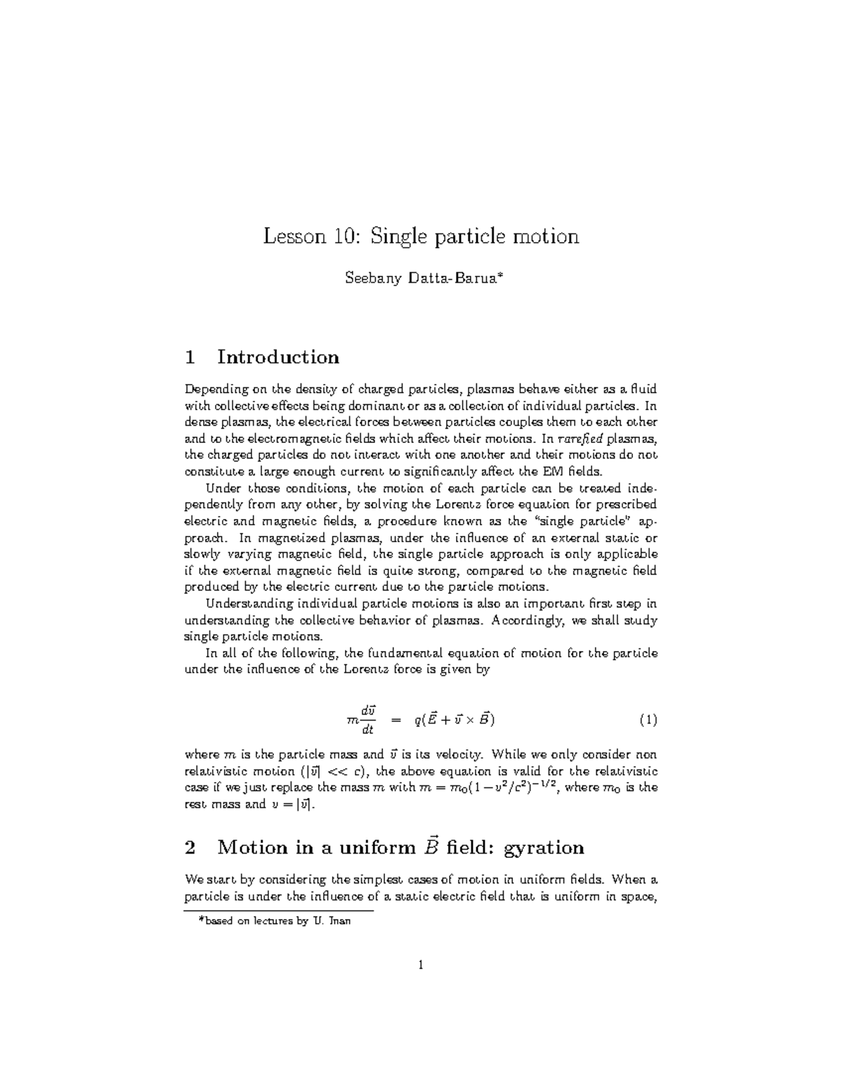 Lesson 10 slides v4 - Lecture Notes - Lesson 10: Single particle motion ...
