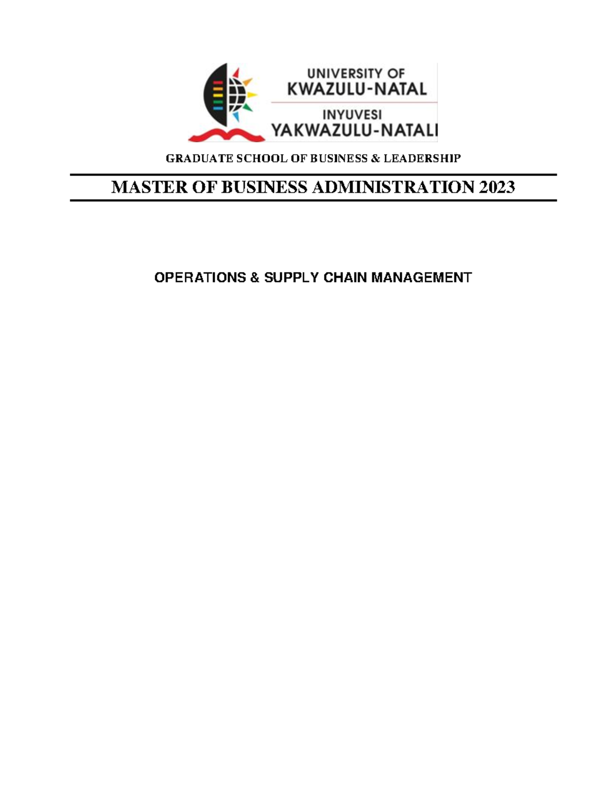 Supply Chain Operations Management UKZN MBA GRADUATE SCHOOL OF
