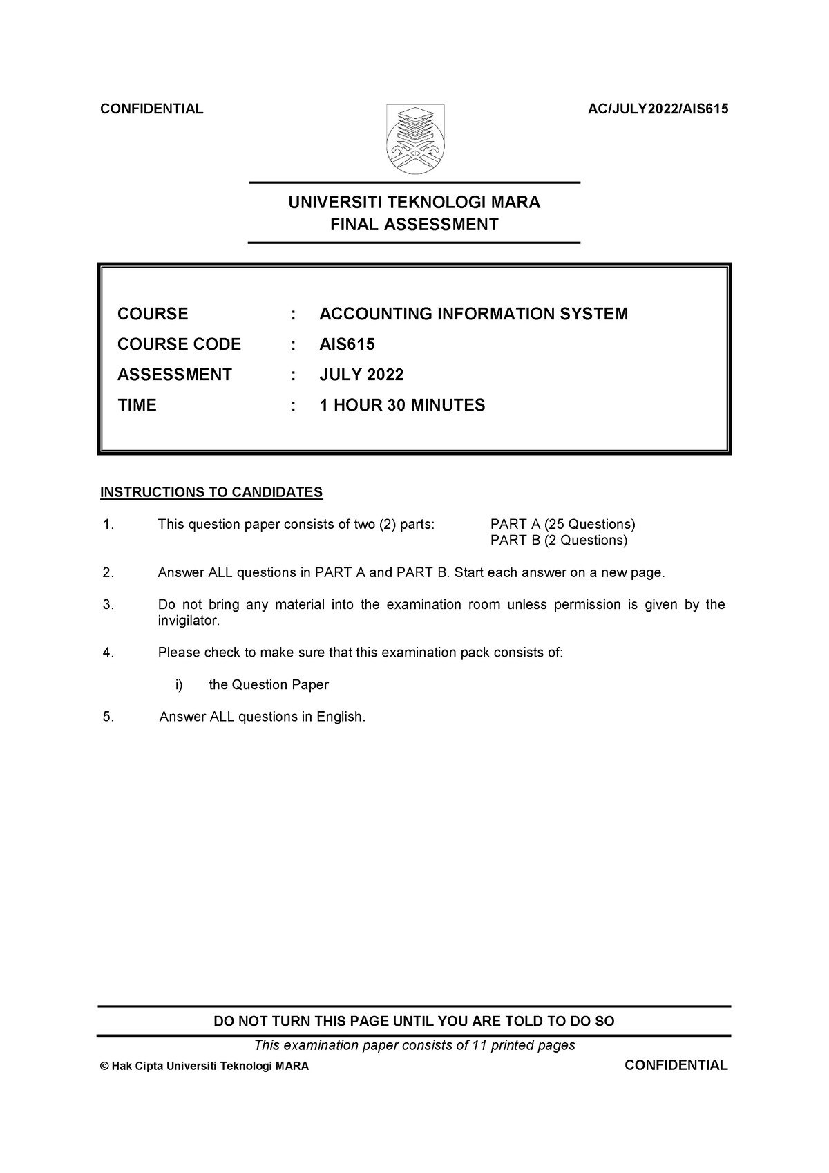 Faculty Accountancy 2022 Session 2 - Degree AIS615 - UNIVERSITI ...