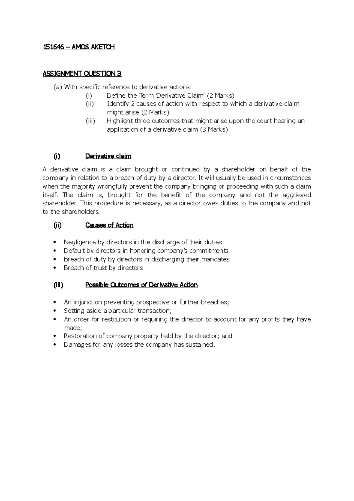 Assignment Question 3 - Law - Studocu