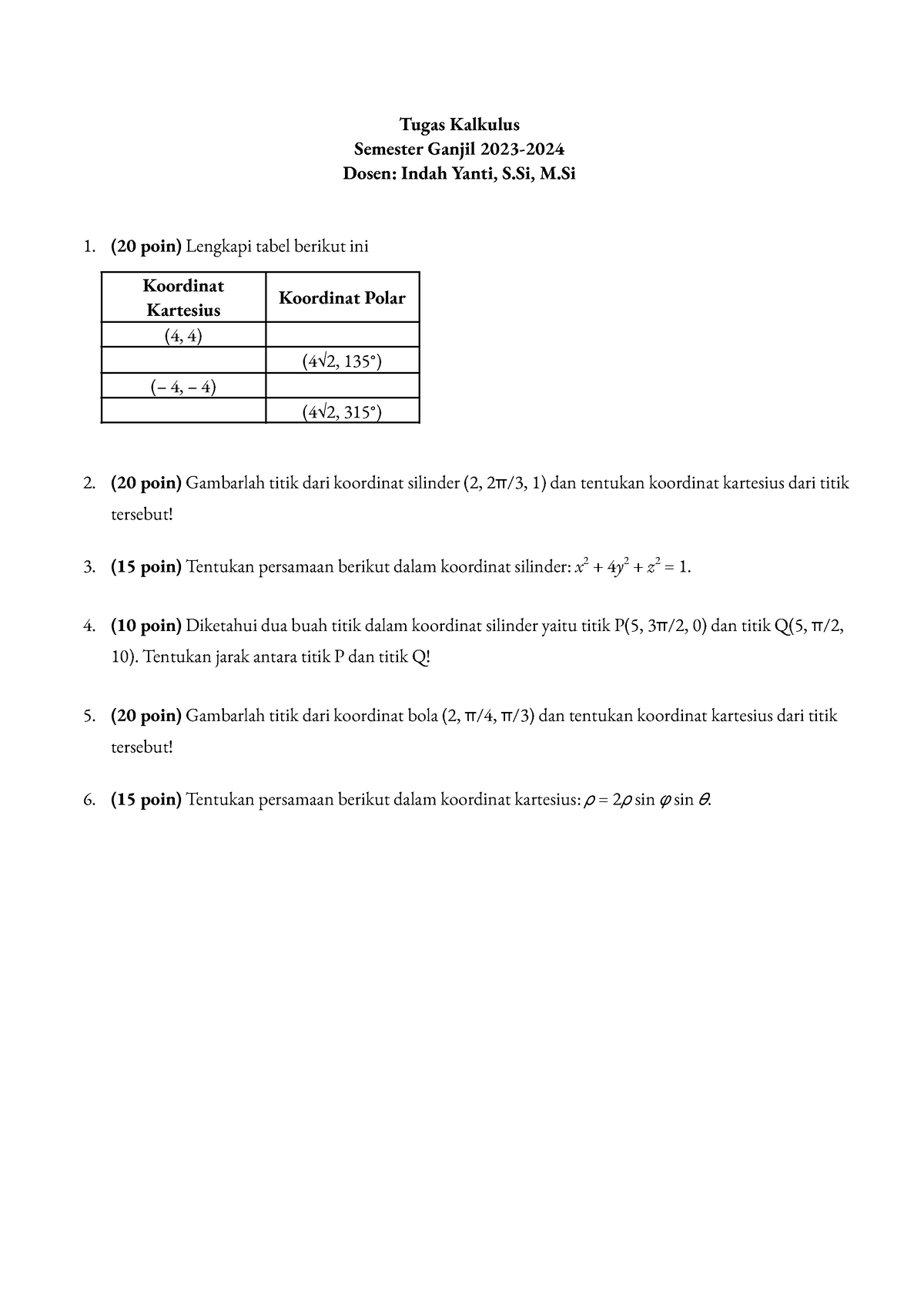 Tugas Sistem Koordinat - Tugas Kalkulus Semester Ganjil 2023- Dosen ...