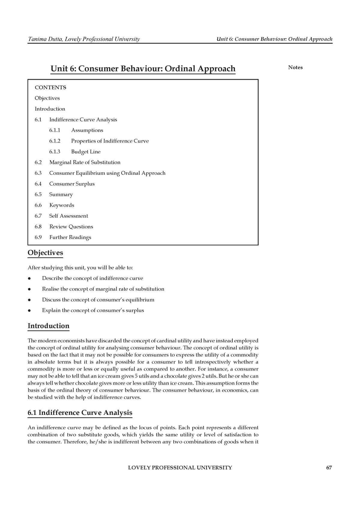 Micro Economics Chapter 6 - Unit 6: Consumer Behaviour: Ordinal ...