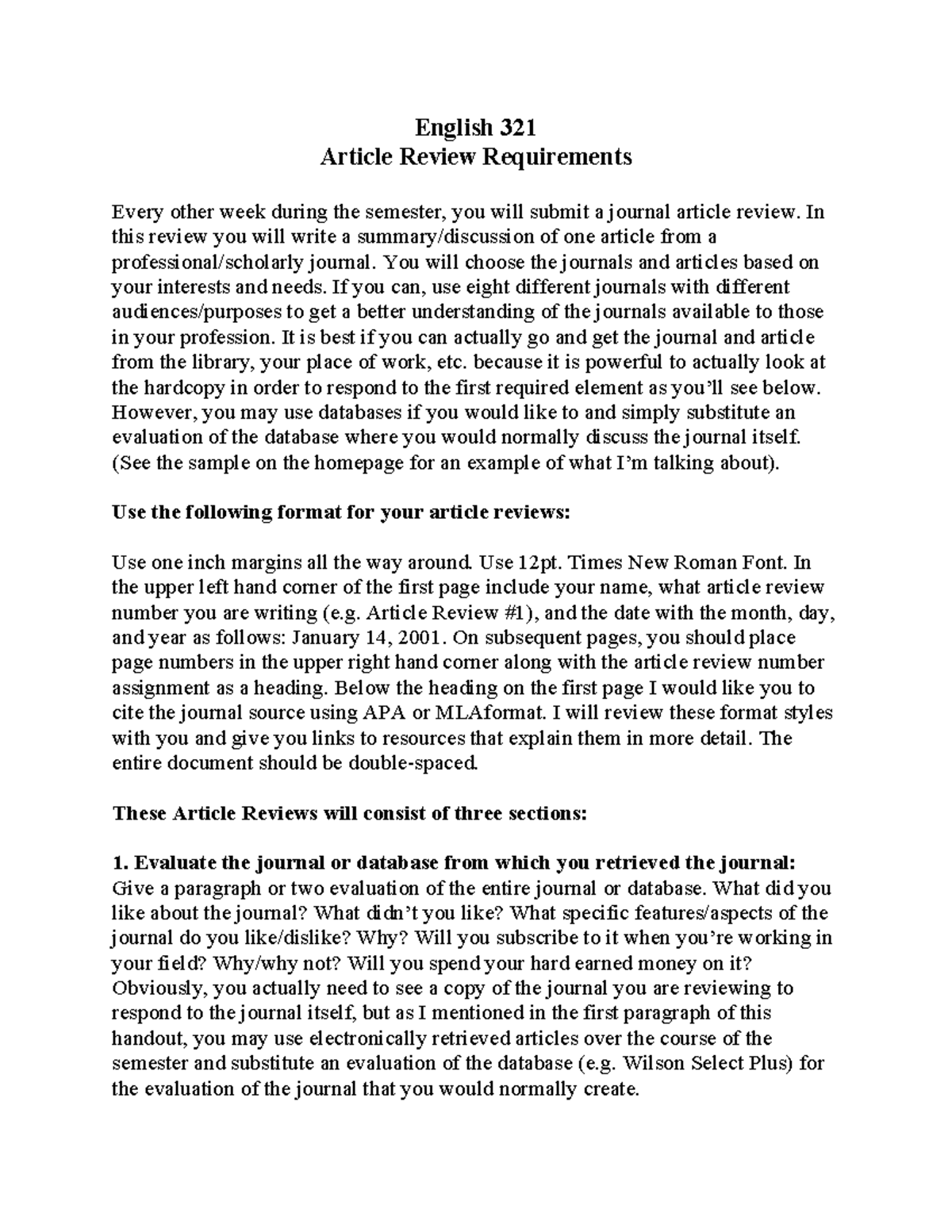 JARs - Grade: A- English 321 Article Review Requirements Every other ...