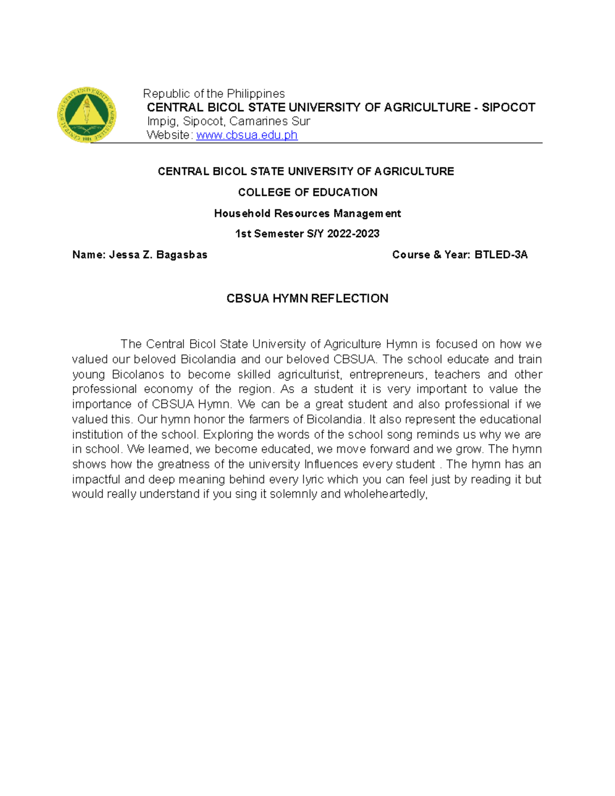 Reflection Bagasbas Educ3 Republic of the Philippines CENTRAL BICOL