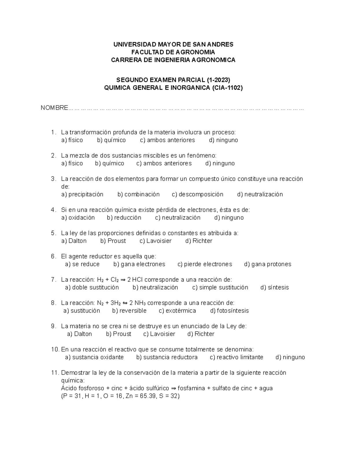 Ex. 2do Parcial - UNIVERSIDAD MAYOR DE SAN ANDRES FACULTAD DE AGRONOMIA ...