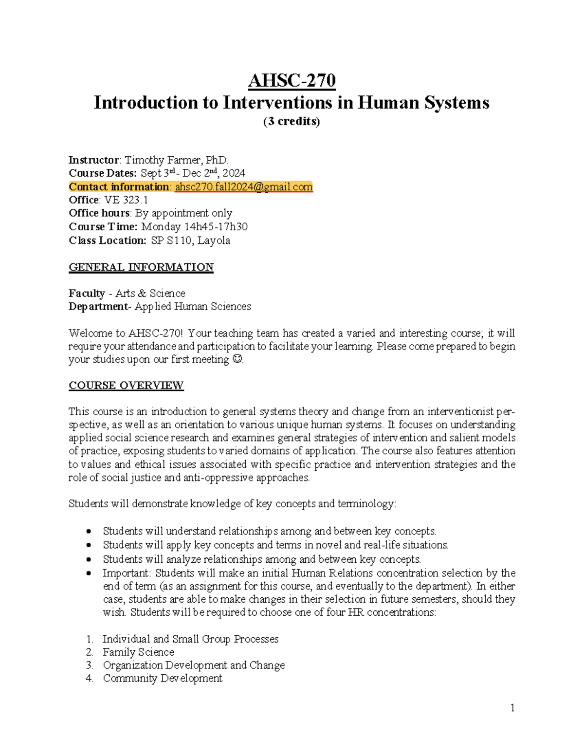 AHSC270 Outline copy - AHSC- 270 Introduction to Interventions in Human ...