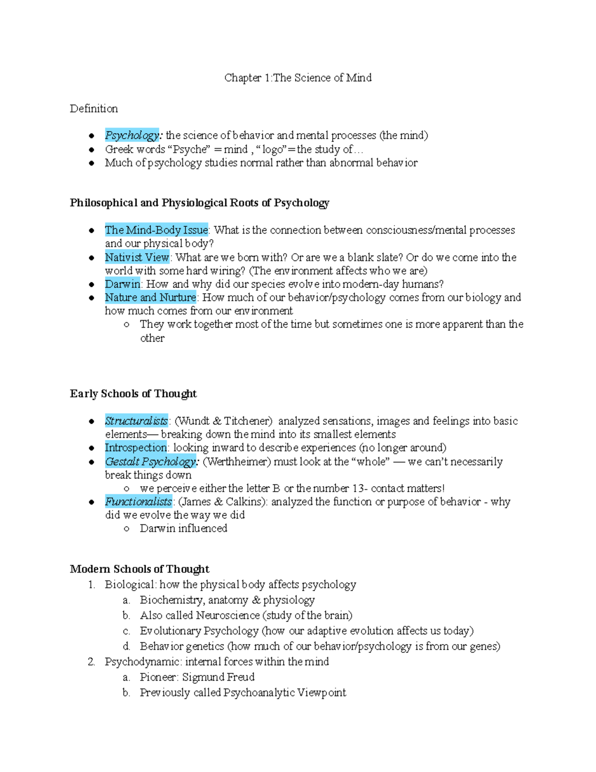 Psych 100 Final Study Guide - Chapter 1:The Science Of Mind Definition ...