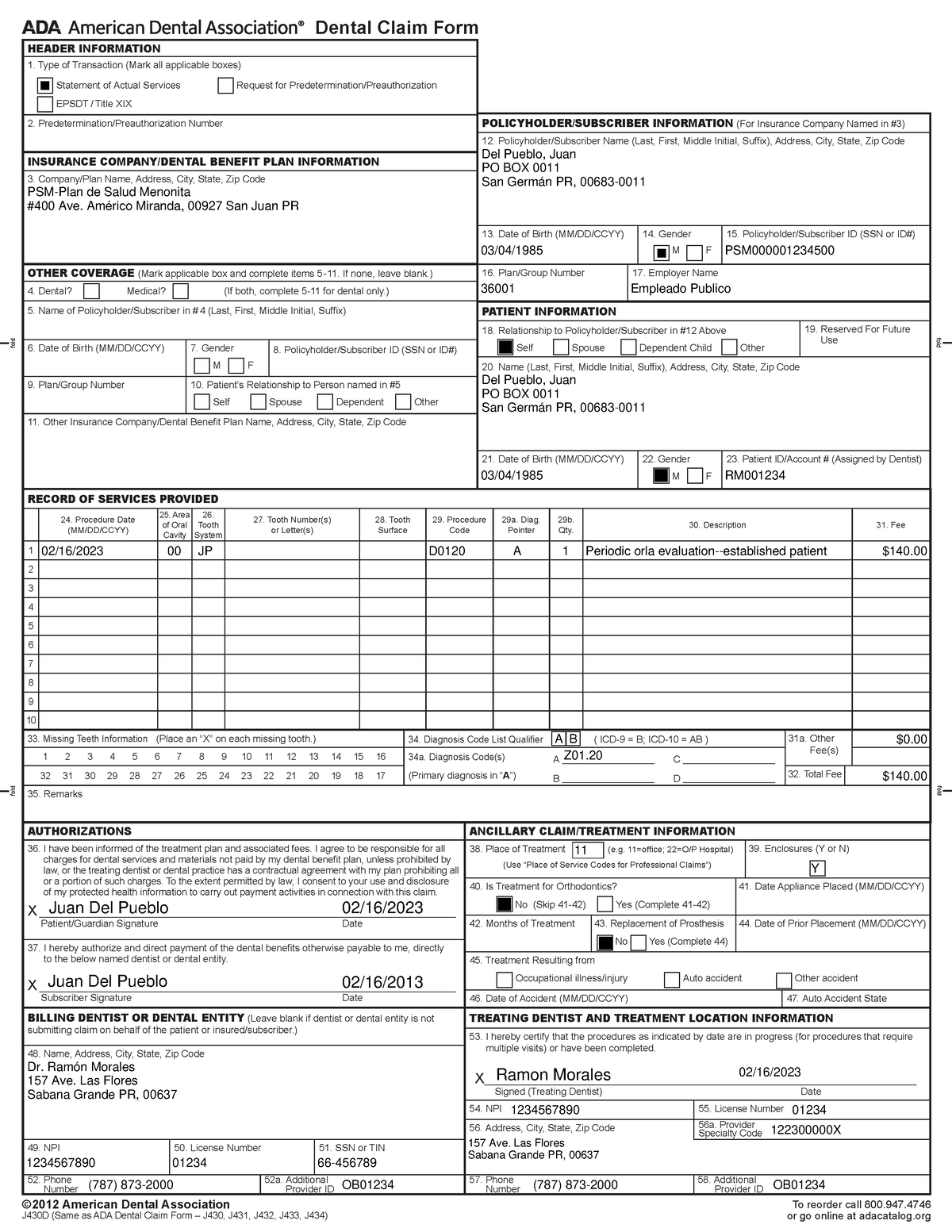 Blank dental claim form J430 realizado - RECORD OF SERVICES PROVIDED 24 ...