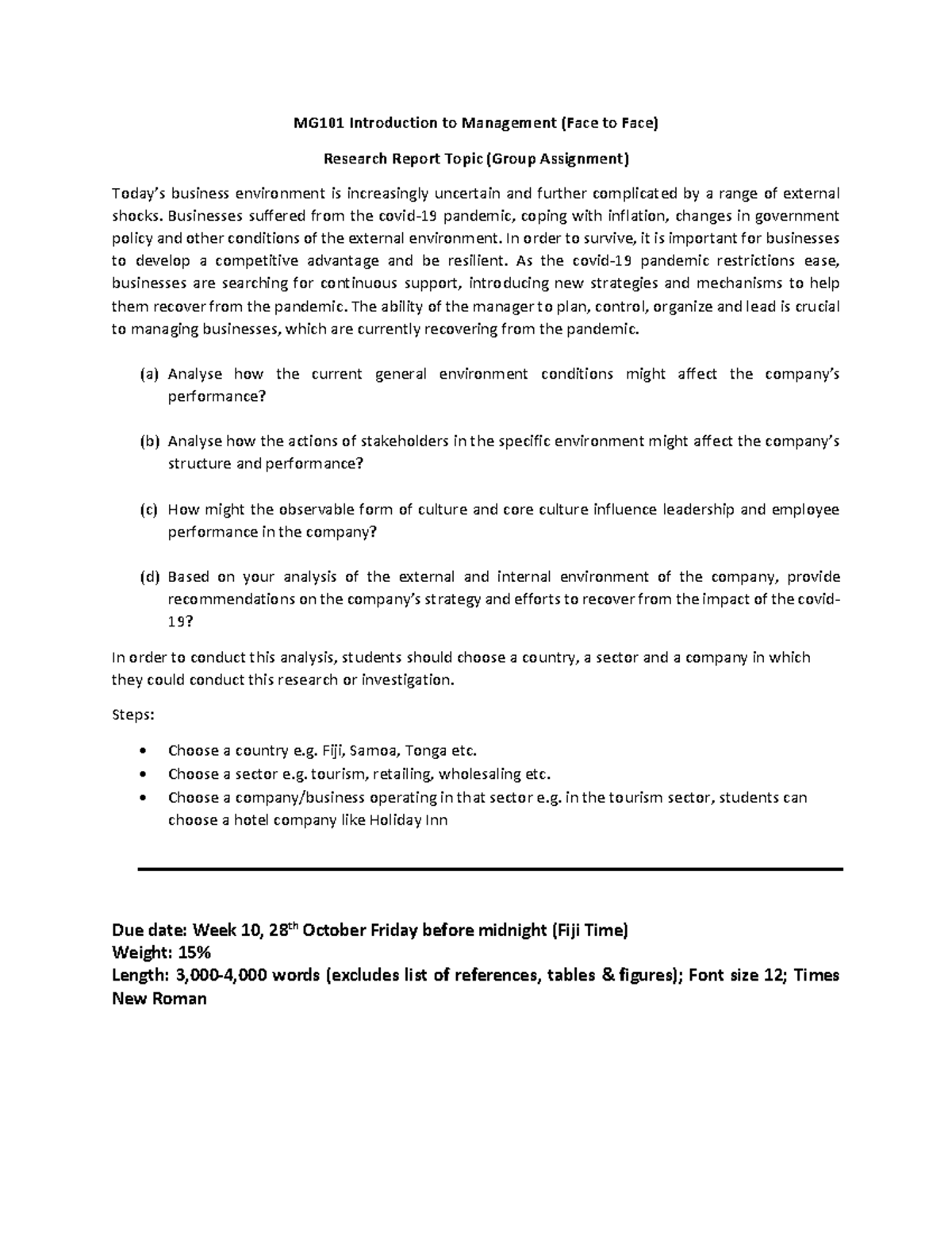 MG101 F2F Research Report - MG101 Introduction to Management (Face to ...