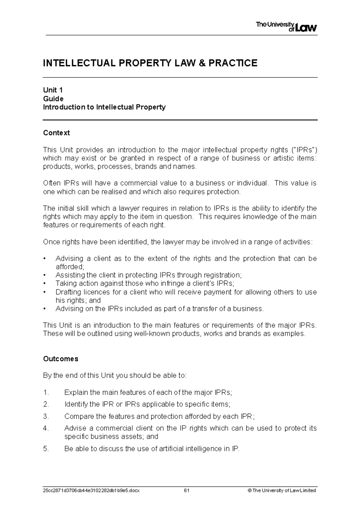 IP Workshop 1 - INTELLECTUAL PROPERTY LAW & PRACTICE Unit 1 Guide ...